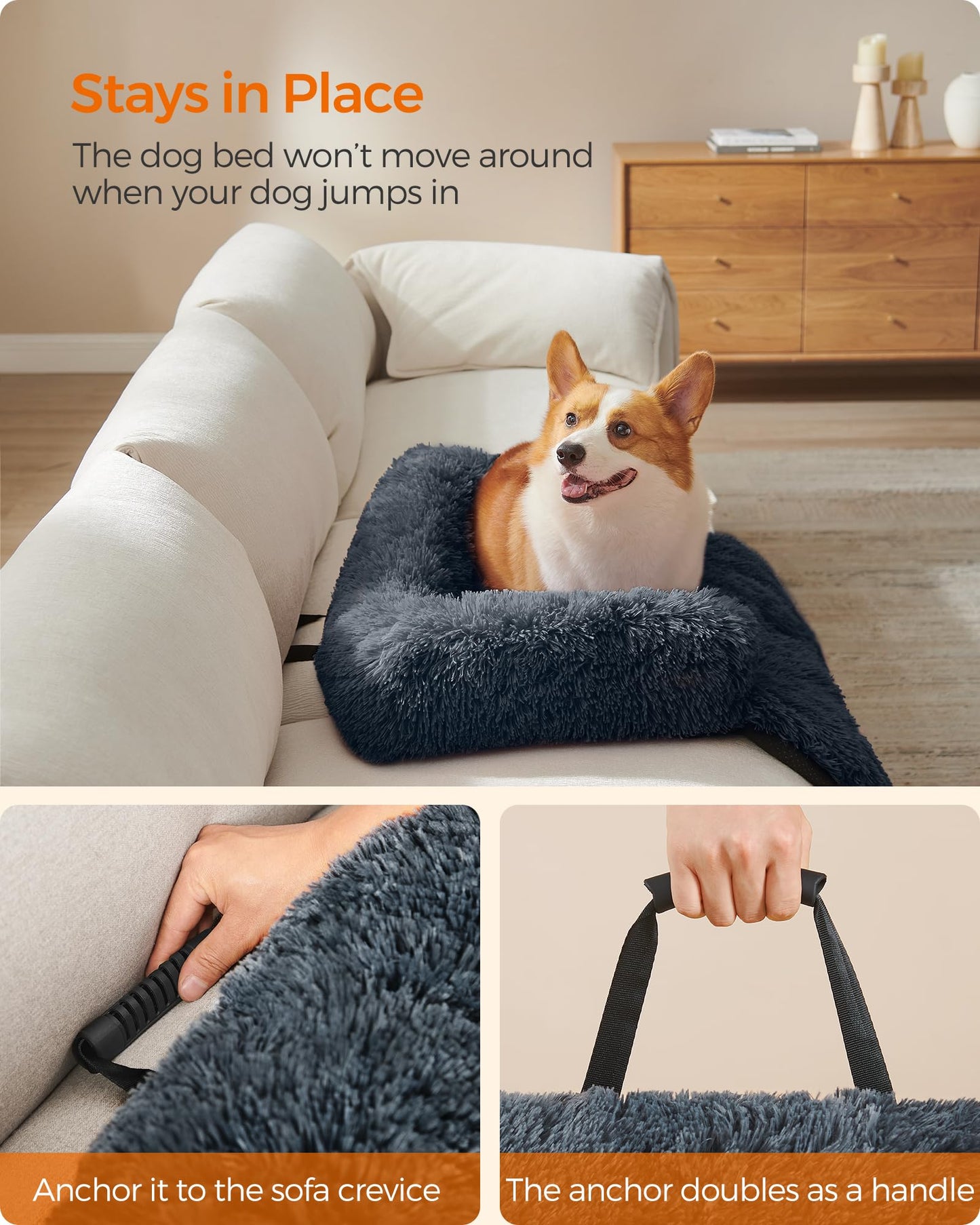 Feandrea Cama para Perros, Funda Protectora para Sofá, 95 x 85 x 16 cm, Tela de Felpa, L, para Perros Medianos,Gris Oscuro MPGW222G02