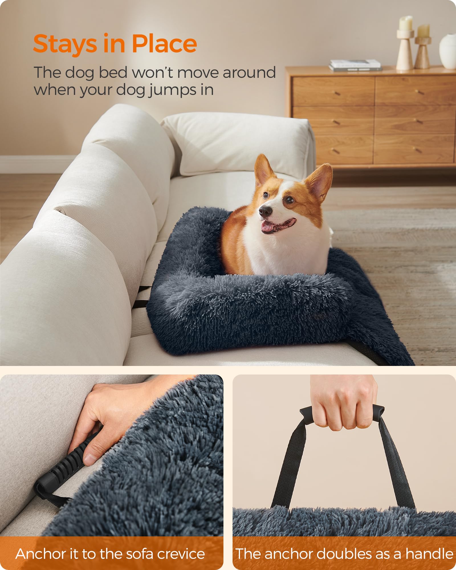 Feandrea Cama para Perros, Funda Protectora para Sofá, 95 x 85 x 16 cm, Tela de Felpa, L, para Perros Medianos,Gris Oscuro MPGW222G02