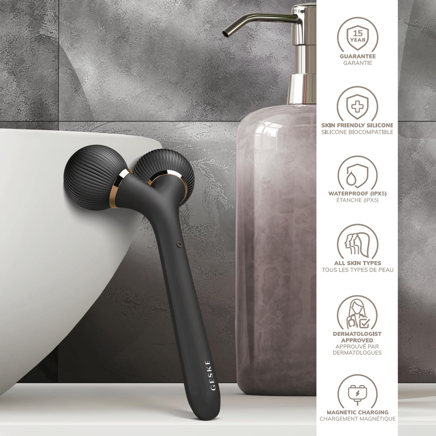 GESKE | Rodillo facial y corporal sónico SmartAppGuided™ | 4 en 1 | rodillo derma | Dispositivo para rostro y cuerpo | rodillo derma | Rodillo facial profesional | Reafirma y define cuerpo y rostro