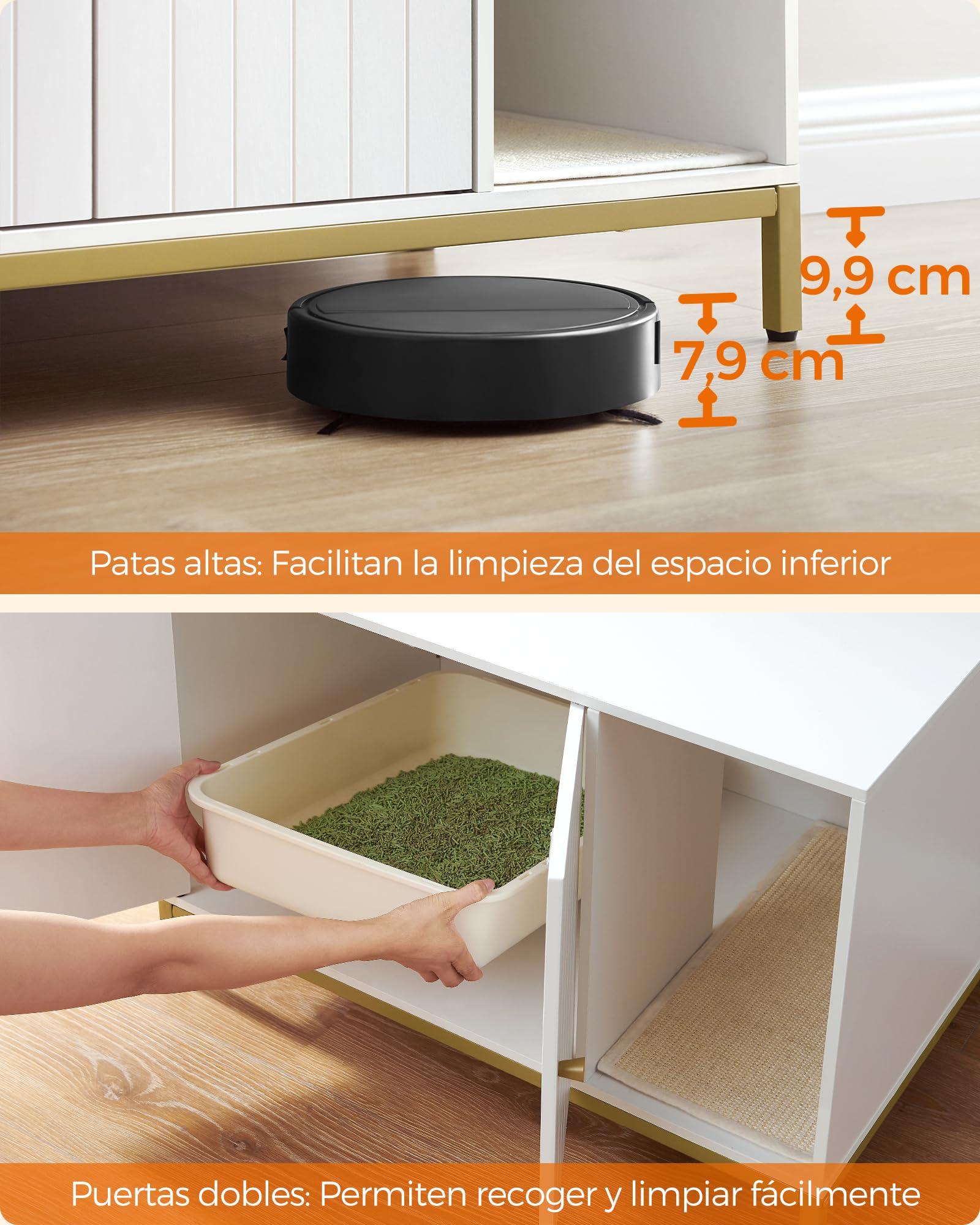 Feandrea Mueble Arenero, Mueble de Caja Arenero para Gatos,con Alfombrilla Rascadora, Patas Altas, 80 x 50 x 55 cm, Blanco y Dorado MPCL007W01