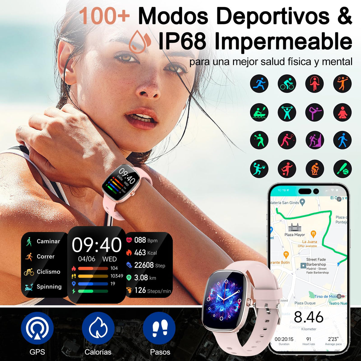 Smartwatch Lostrain Rosa 1.83" HD IP68 con Alexa y Llamadas Bluetooth para Mujer