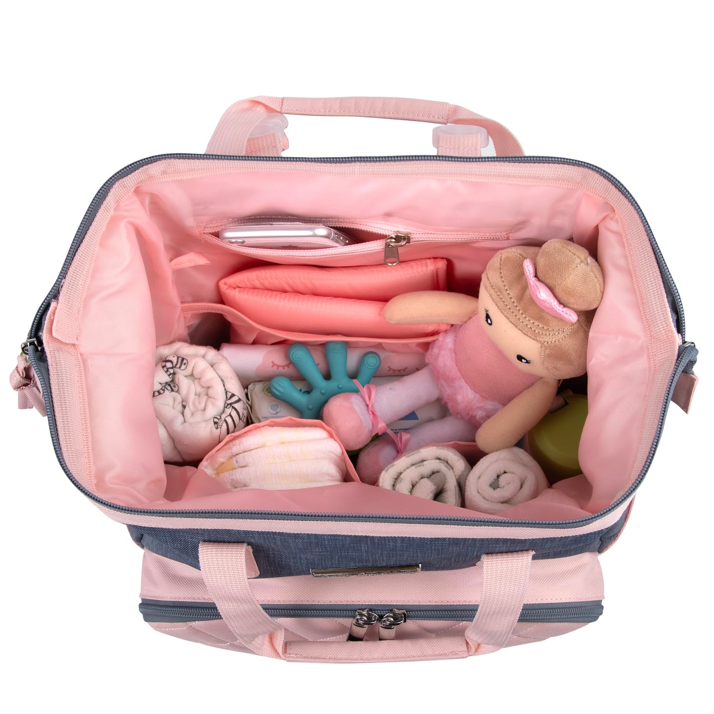 Baby Essentials - Mochila de pañales con marco principal súper enfriadora con cambiador, correas para carriola, compartimento aislado para botellas, Rosado/Gris, Mediano, Mochila para pañales