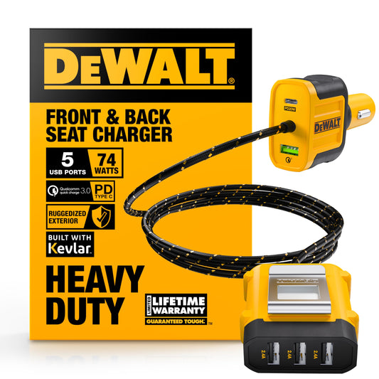 DEWALT 72W USB C Cargador de Coche de 5 Puertos, iPhone 15 USB Cargador de Coche de Carga rápida, PD & QC3.0 Encendedor de Cigarrillos del Coche Cargador USB de Varios Puertos con Cable de 6Ft