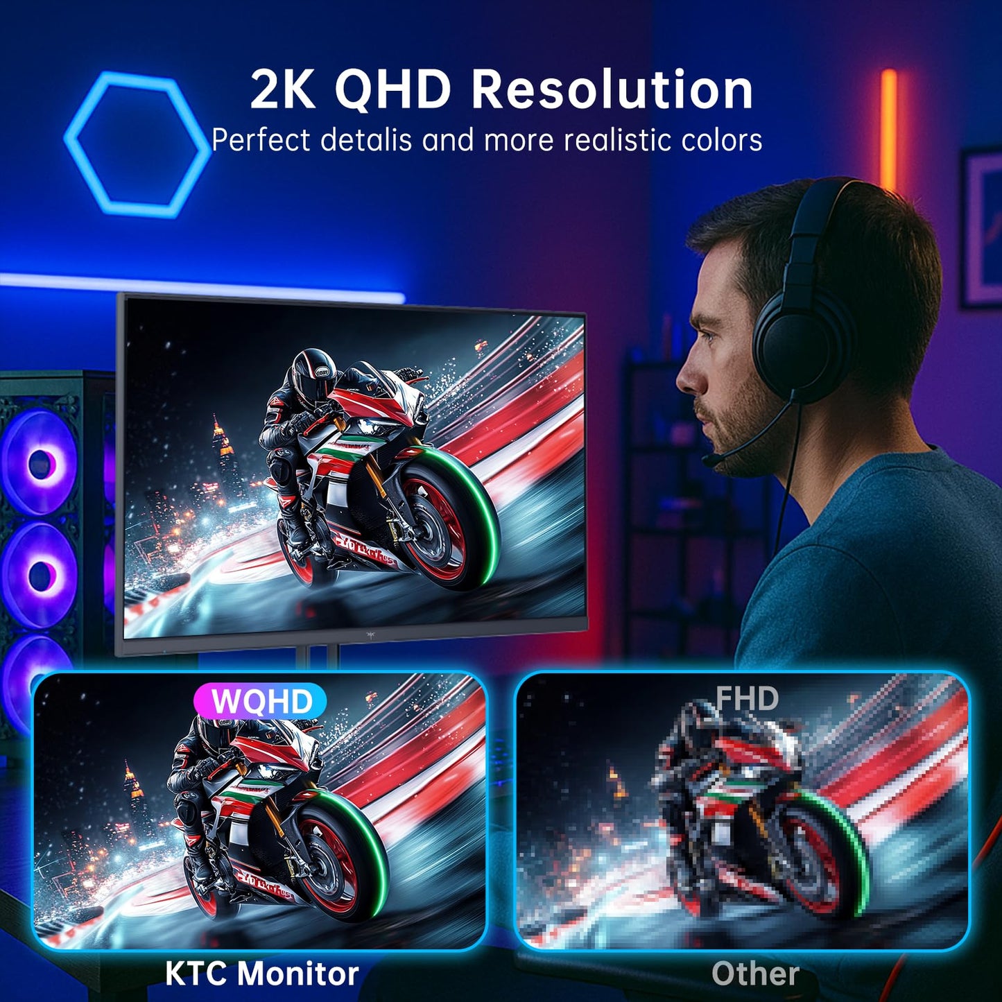KTC Monitor para juegos de 27 pulgadas, monitor QHD 2560 x 1440, hasta 210Hz y 1ms, AMD Freesync y G-sync, HDR400, 131% sRGB, altavoces integrados, monitores IPS Gamer con HDMI 2.0 x 2 y DP1.4 x 2