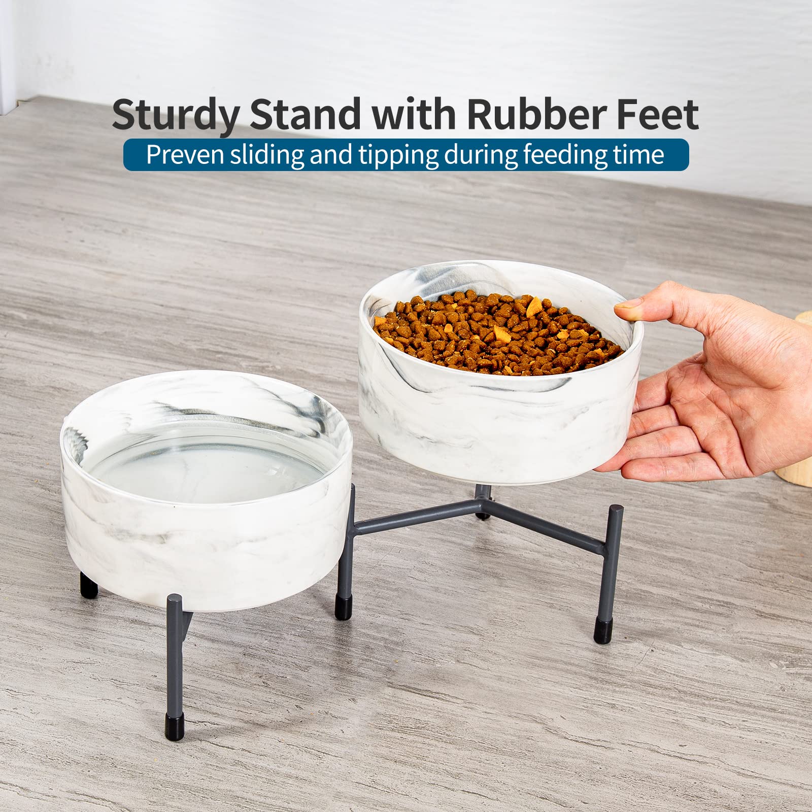 Cuencos de cerámica para perros y gatos de 32 onzas con soporte de metal elevado, juego de cuencos redondos de porcelana de 6 pulgadas, cuencos de alimentación para mascotas para gatos y perros, gris mármol, juego de 2