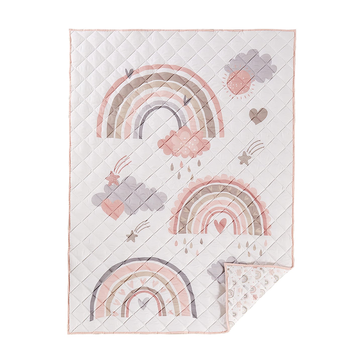 Levtex Baby - Juego de cama de bebé de 4 piezas sobre el arco iris, rosa, gris, gris pardo, bronceado y coral, incluye edredón reversible, sábana bajera de arco iris, sábana bajera rosa, falda de cama