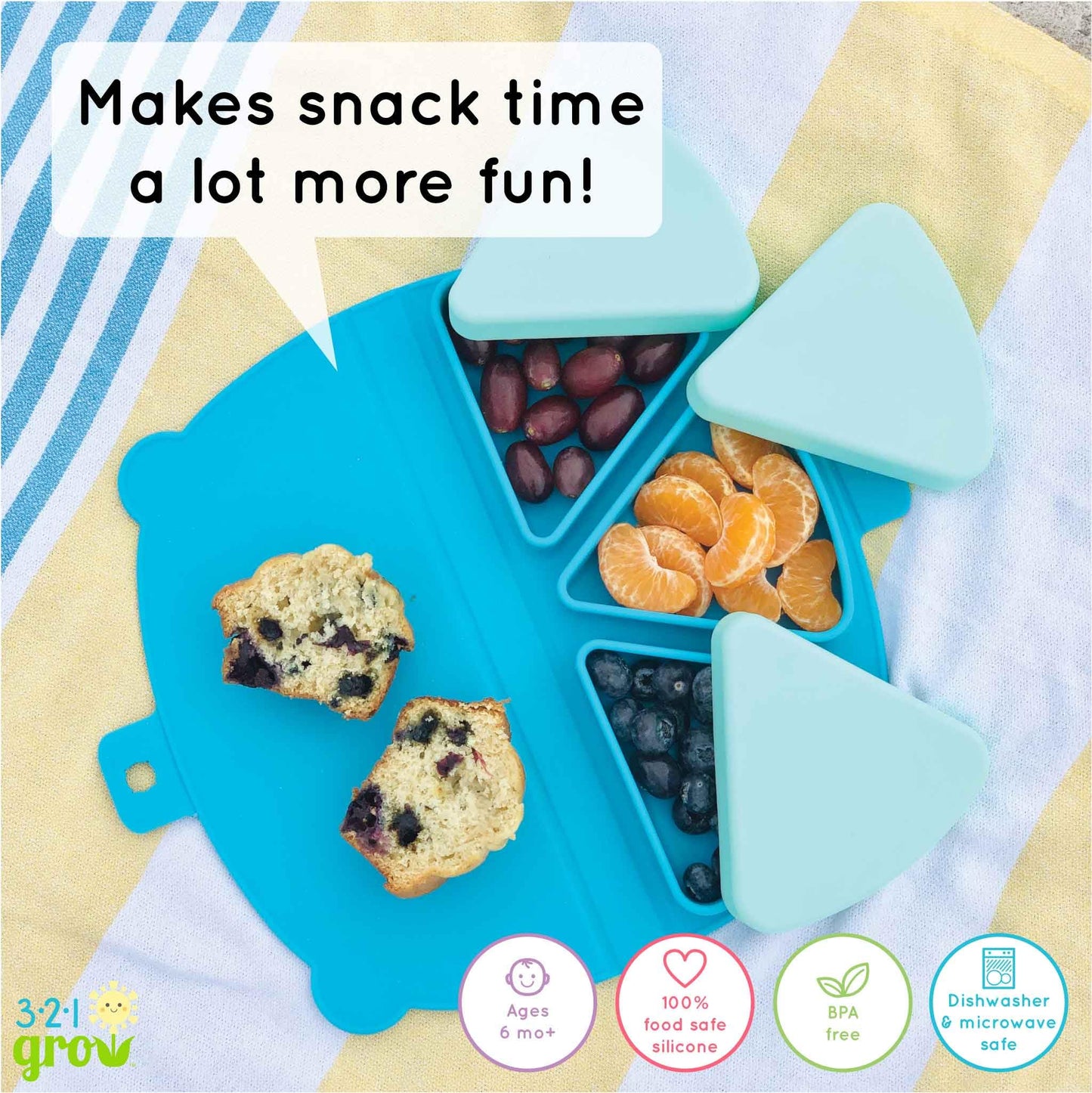 321 Grow Alfombrilla de silicona para snacks de viaje - Juego de manteles plegables reutilizables con 3 compartimentos y tapas - Plato para snacks de viaje apto para bebés y niños pequeños - Apto para