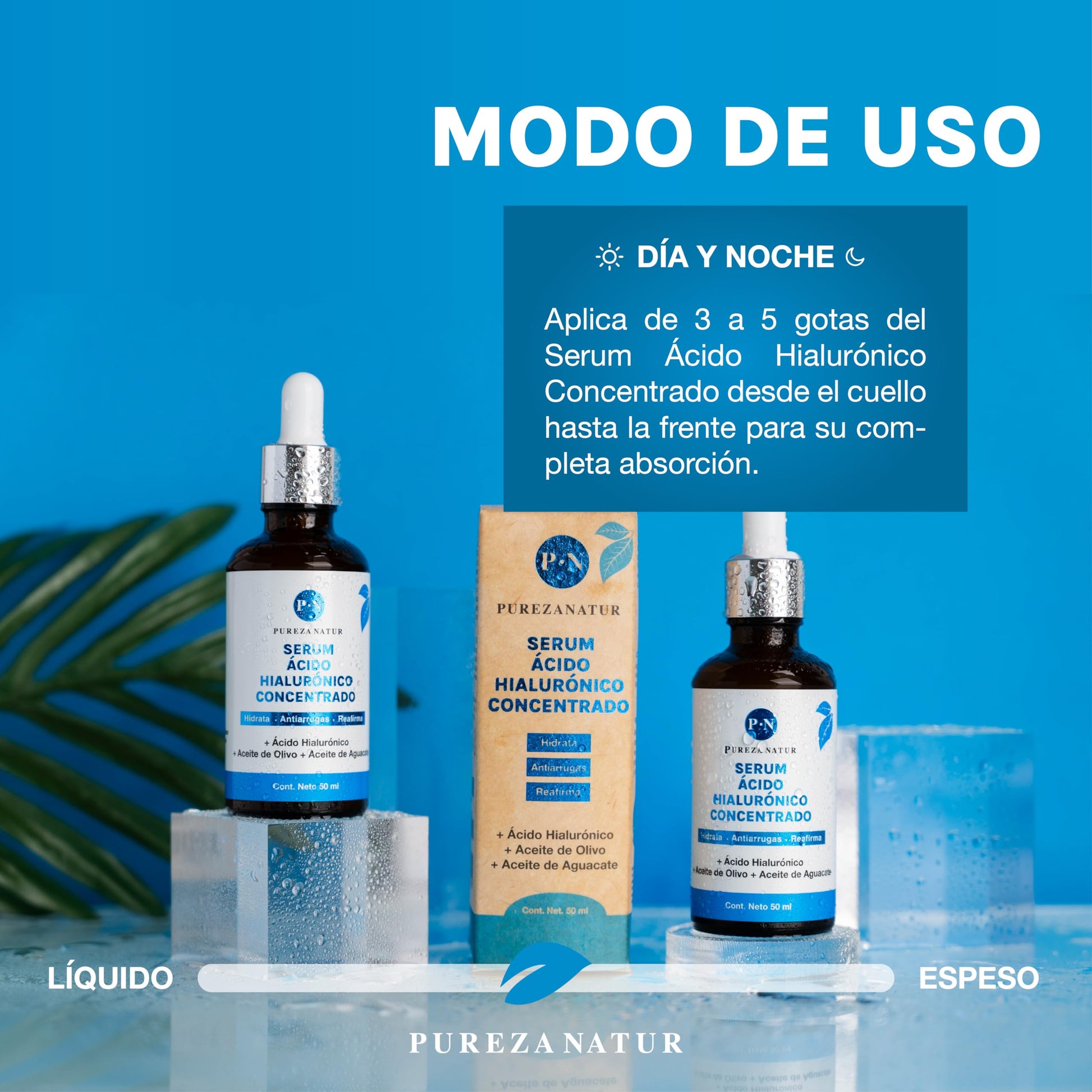 PUREZA NATUR Serum Acido Hialurónico facial Hidratante + Aceite de aguacate y Olivo para la cara skin care | Suero anti aging, para ojeras y arrugas 50ml (Serum AH concentrado)