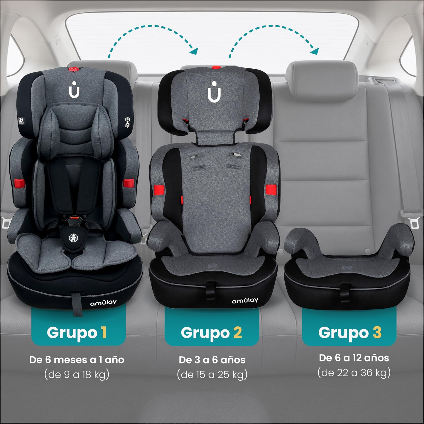 Amulay | Autoasiento para Bebe de 9 a 36 kg | Booster Car Seat con Arnés de 5 puntos, Respaldo Reclinable, Cojín elevador y Reposa cabezas ajustable | Color Gris y Negro
