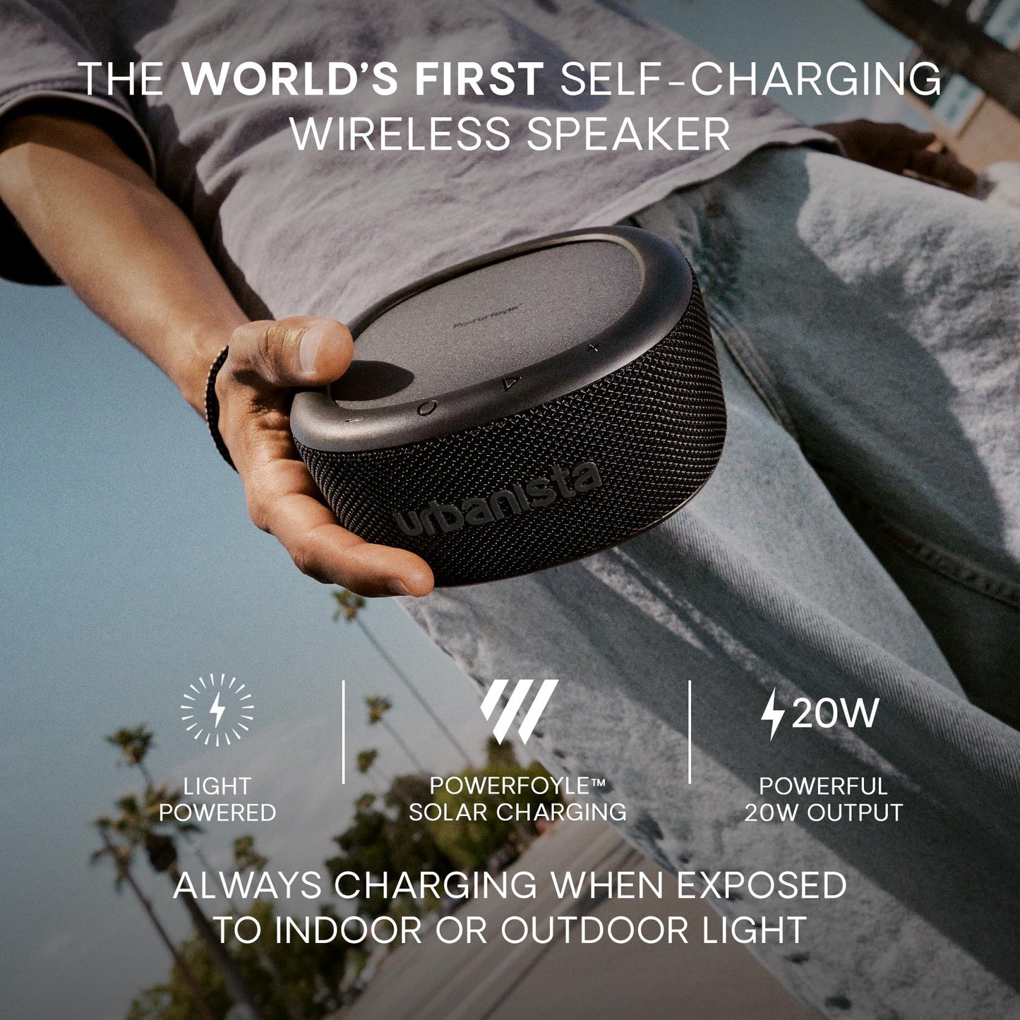 Urbanista Malibu - Altavoz Bluetooth Solar Pequeño, altavoz portátil inalámbrico de 20 W, tiempo de reproducción infinito, altavoz impermeable IP67 para exteriores, viajes, altavoces de doble