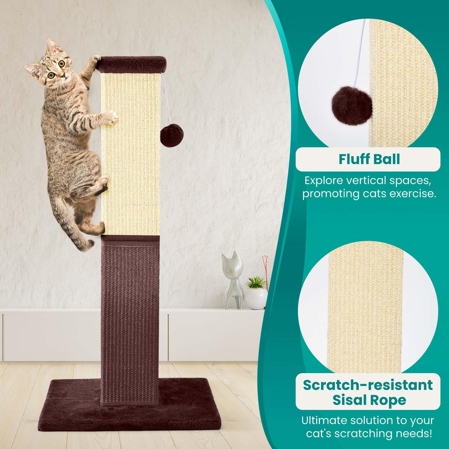 Poste Rascador YULOYI Café con Sisal Natural para Gatos Grandes y Gatitos de Interior