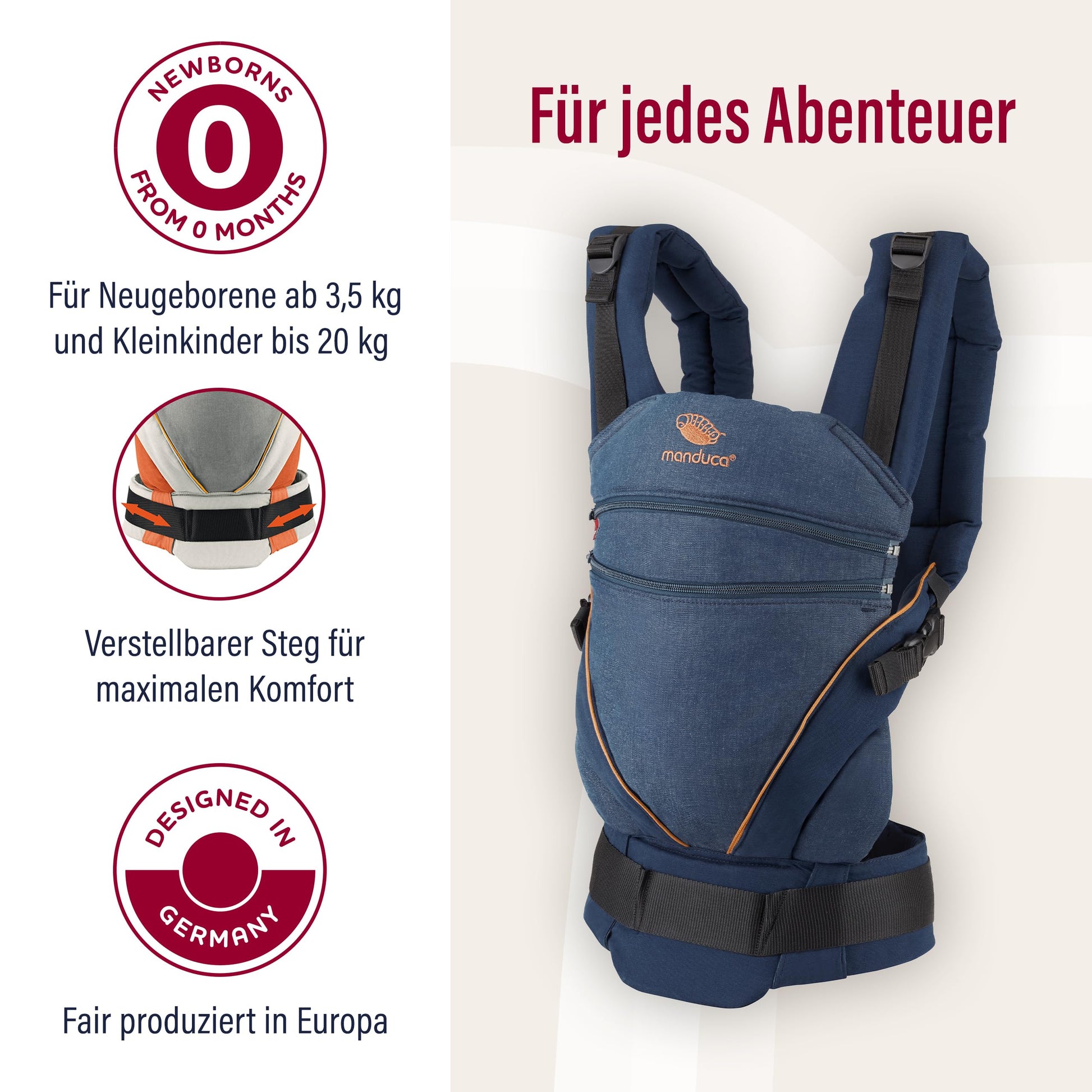 Manduca XT, portabebés con asiento ajustable, 3 posiciones de transporte (delantero, cadera y espalda), sin necesidad de inserciones para bebés, algodón orgánico, crece con tu bebé (3,5-20 kg), DenimBlue, XT Cotton