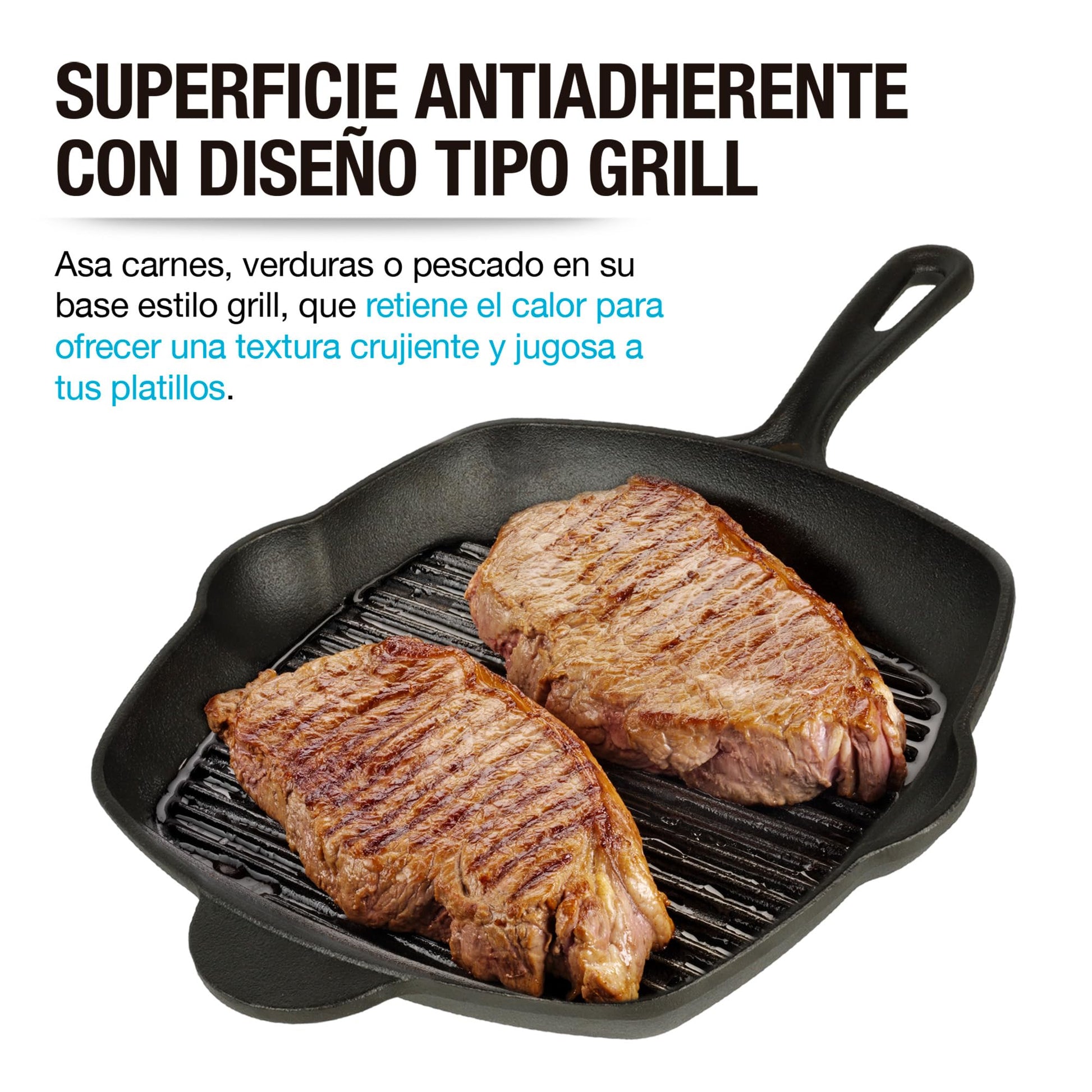 CASA LITUS Sartén de Hierro Fundido Precurado tipo Parrilla Extra Grande (2 Litros), Plancha para Asar con Superficie Acanalada, Mango y Vertederos Laterales, para Estufa de Gas, Horno o Fuego Directo