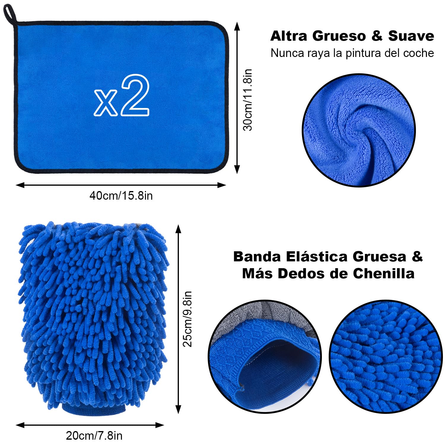 DASKING Kit Limpieza Coche, Guante y Toallas de Microfibra Premium de Lavado Coche, 2PCS Toallas (30 * 40cm) y 1PC Guante para la Limpieza de vehículo, Juego de Limpieza para Automóviles, Azul