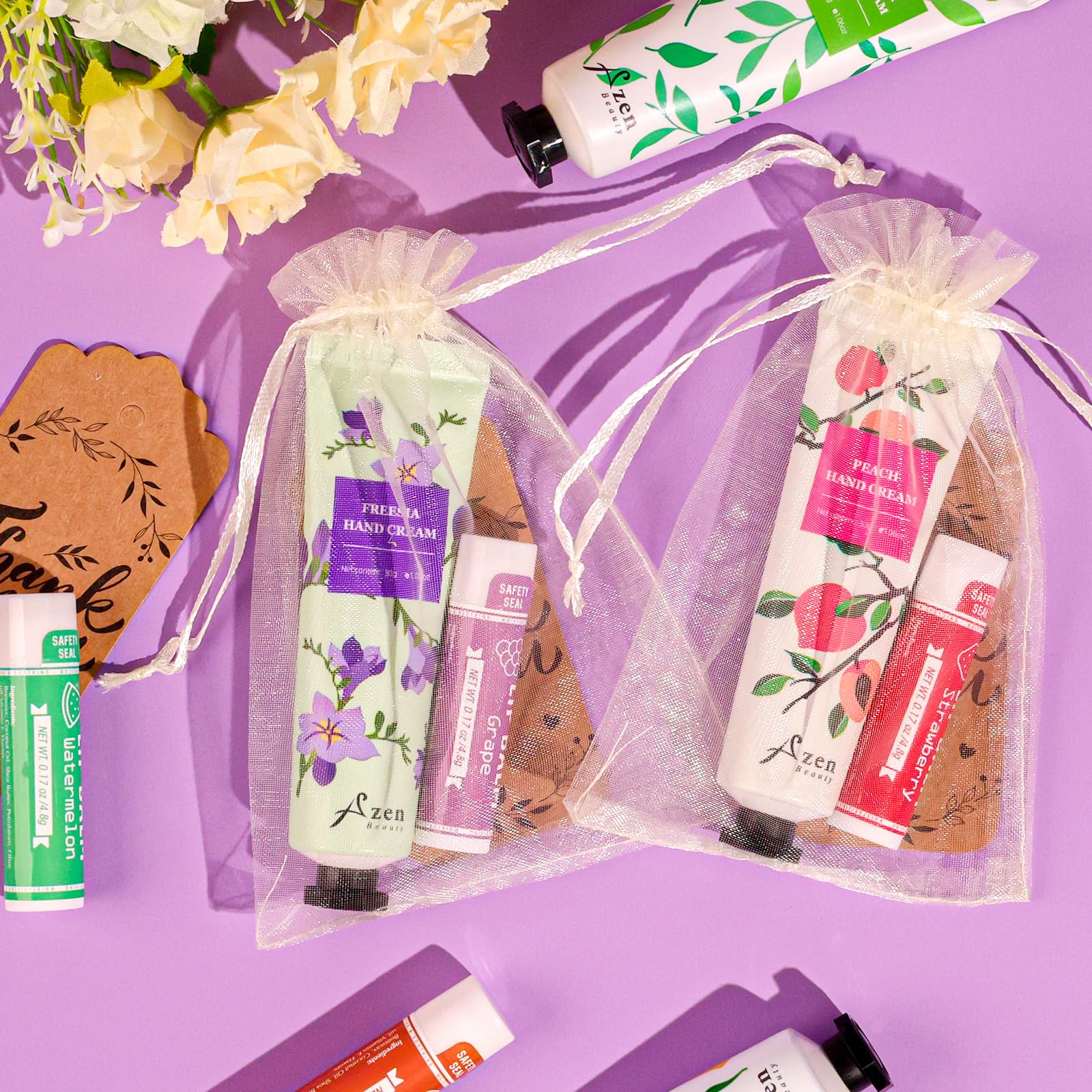 AZEN 30 Juegos De Crema De Manos A Granel Y Bálsamo Labial Conjunto A Granel, Regalos De Despedida De Soltera Para Invitados Con Bolsa De Organza Tarjeta De Agradecimiento, Favores