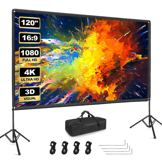 Qoolfoto - visualización de proyector portátil de 120 pulgadas, visualización de proyección para interiores y exteriores 16:9 4K HD sin arrugas con bolsa de transporte para películas en el patio