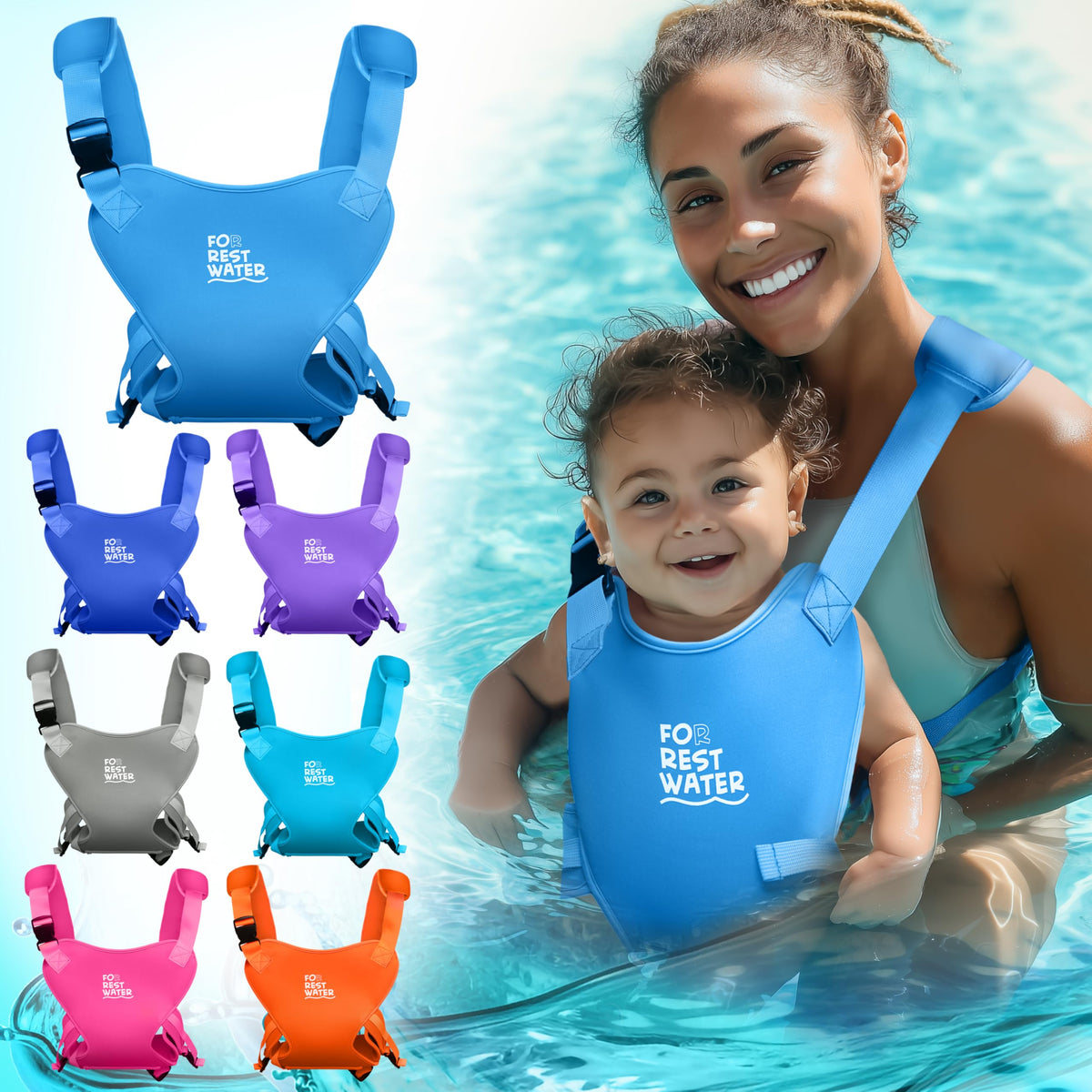 Portabebés para agua de descanso – Eslinga ergonómica de neopreno de alta calidad para diversión en agua y tierra cálida y segura (4-24 meses) – Arnés ajustable para bebés y niños pequeños (Blue)