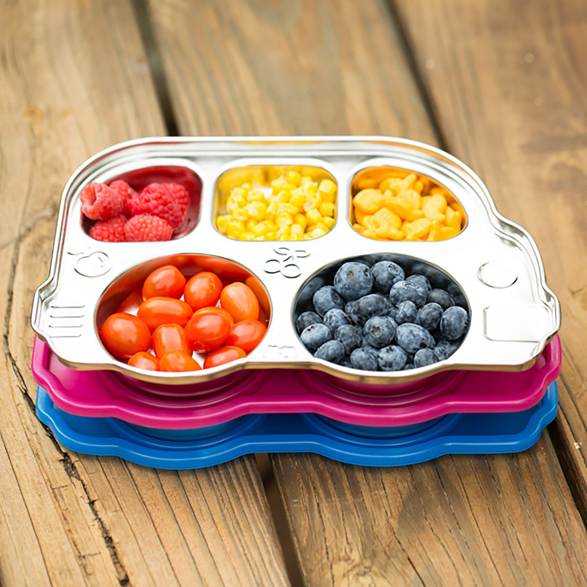 Innobaby - Placa de autobús de acero inoxidable con tapa seccional, original y resistente a fugas, placa dividida con forma divertida inventada para bebés, niños pequeños y niños, sin BPA, azul,