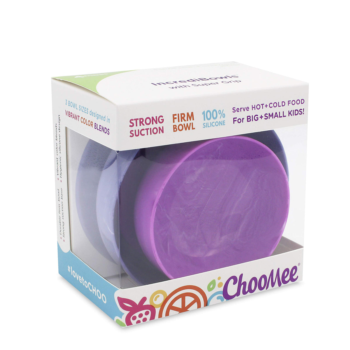 ChooMee - Cuencos de succión para bebé, potente agarre de succión con cuenco firme, silicona platino, mediano + pequeño, 2 unidades, morado + ciruela