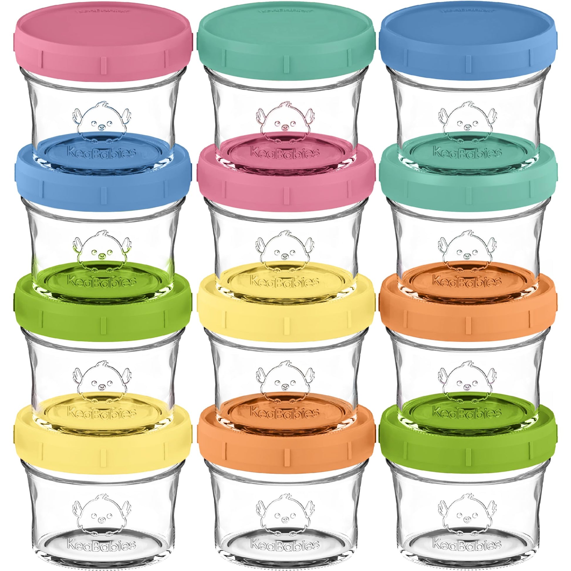 KeaBabies - Paquete de 12 recipientes de vidrio para alimentos para bebés, a prueba de fugas, contenedores de almacenamiento de alimentos para bebés con microondas, bandeja congeladora de alimentos