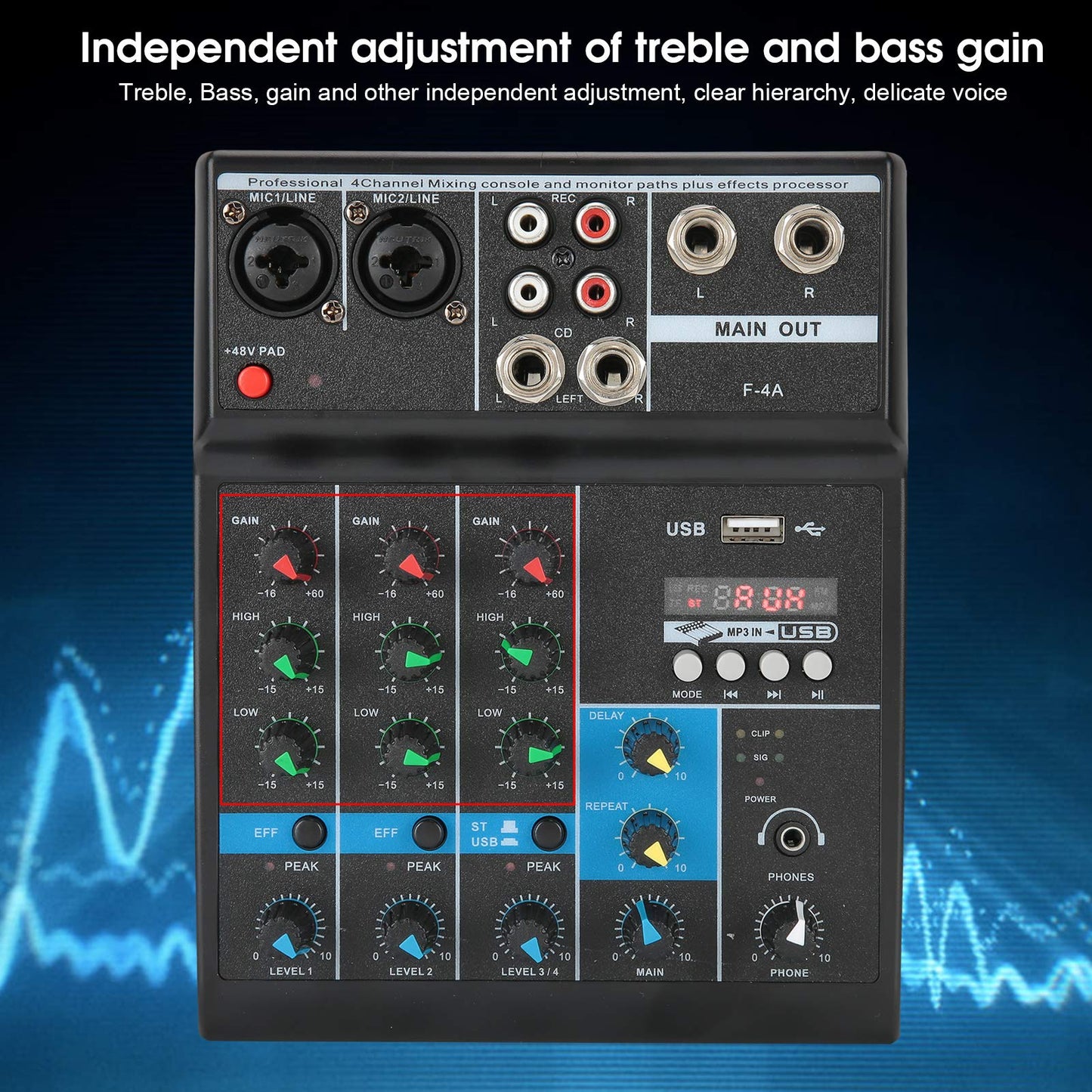 Heayzoki Consola de Placa de Sonido de Mezclador de Audio, Mezclador de Audio de 4 Canales, Consola de Mezcla Estéreo USB Compacta, con Tarjeta de Sonido, para el Hogar/Computadora(US)