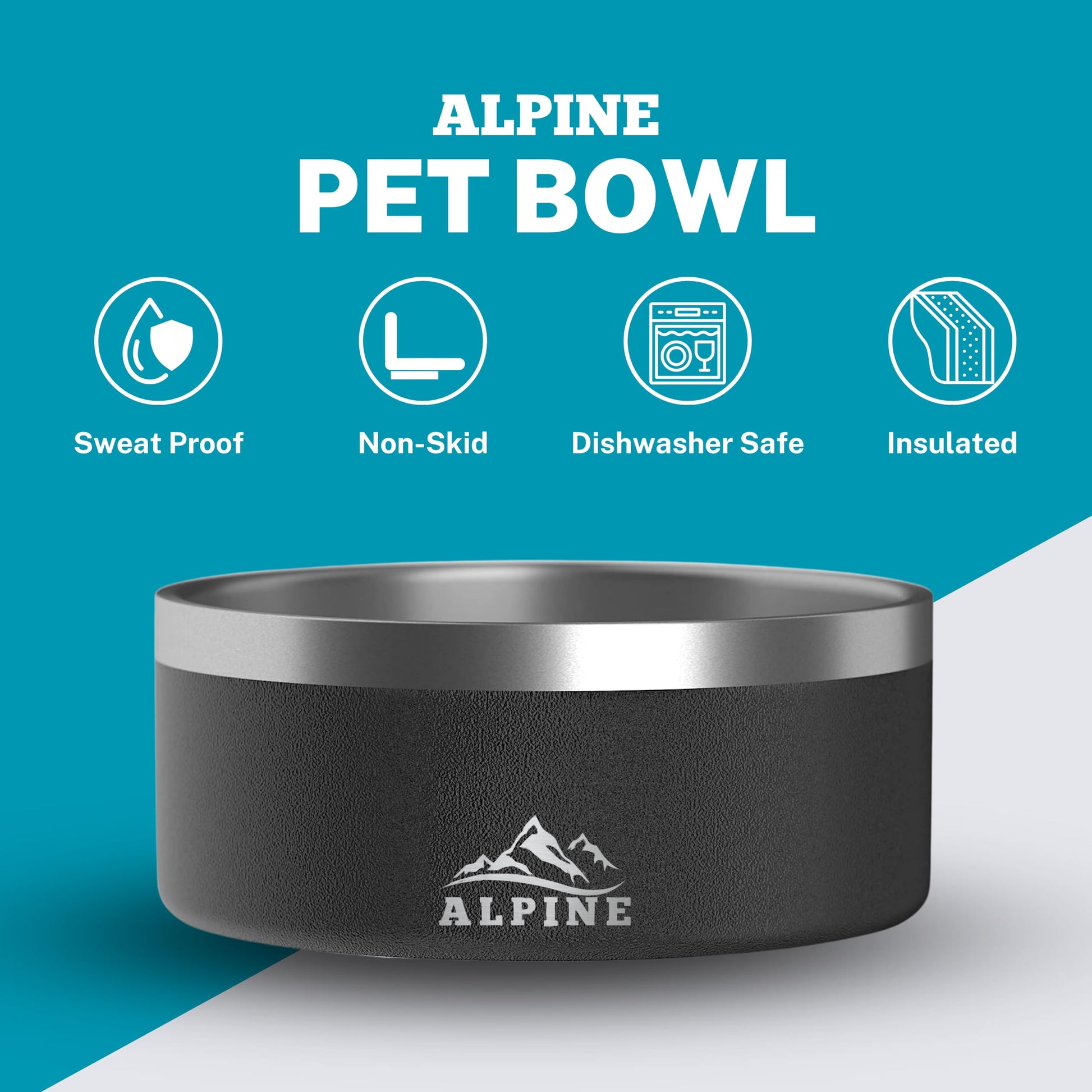 ALPINE - tazón de acero inoxidable para perros, antideslizante, tazón de metal para mascotas para alimentos y agua, aislamiento de doble pared, resistente al óxido, apto para lavaplatos, paquete de 2 (negro)