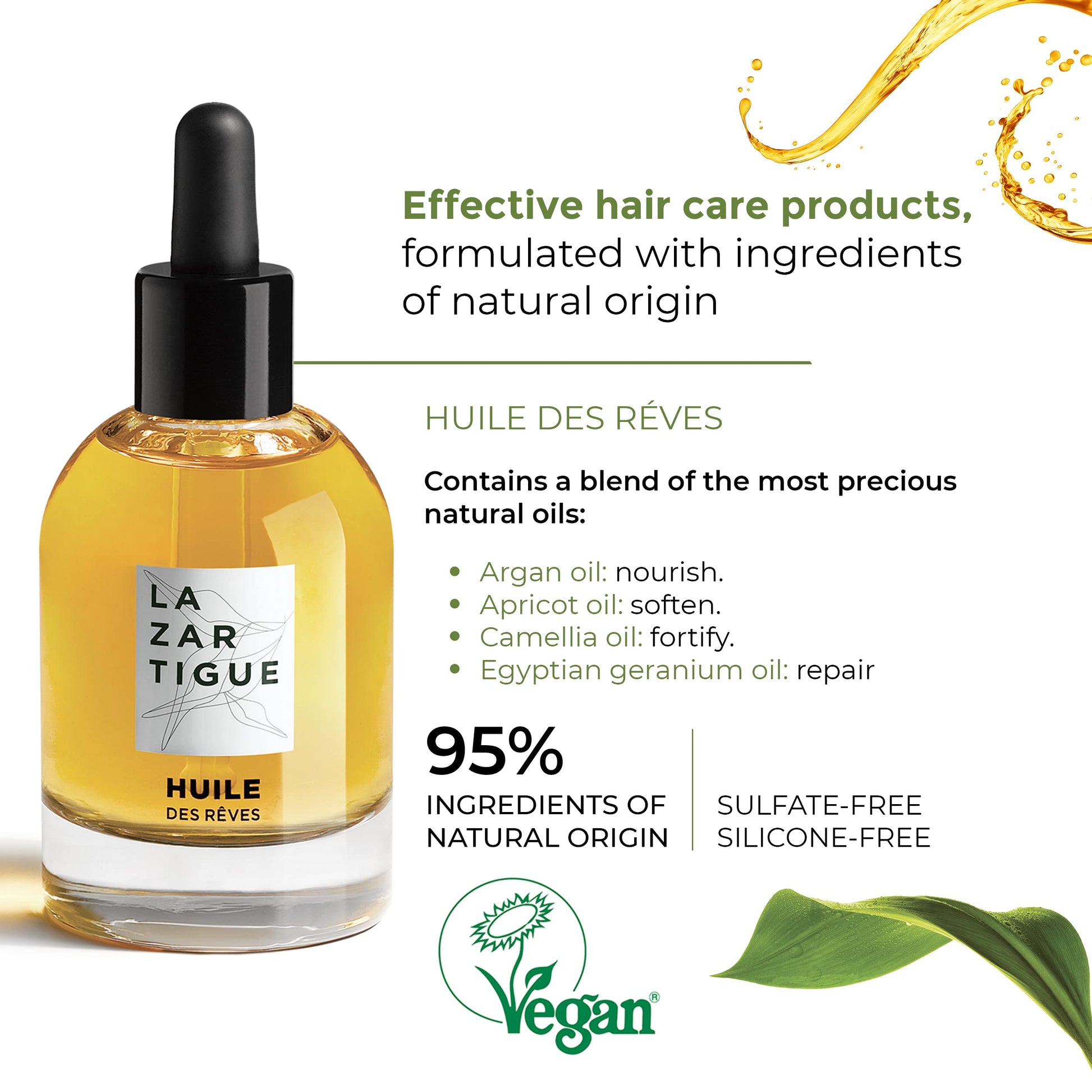 Lazartigue Huile Des Reves Nourishing Dry Hair Oil - Intensive Hydrating Treatment For Damaged Hair - Restorative Formula Infused With Healing Oils - Vegan, Silicone Free, Mineral Oil Free - 1.7 Oz