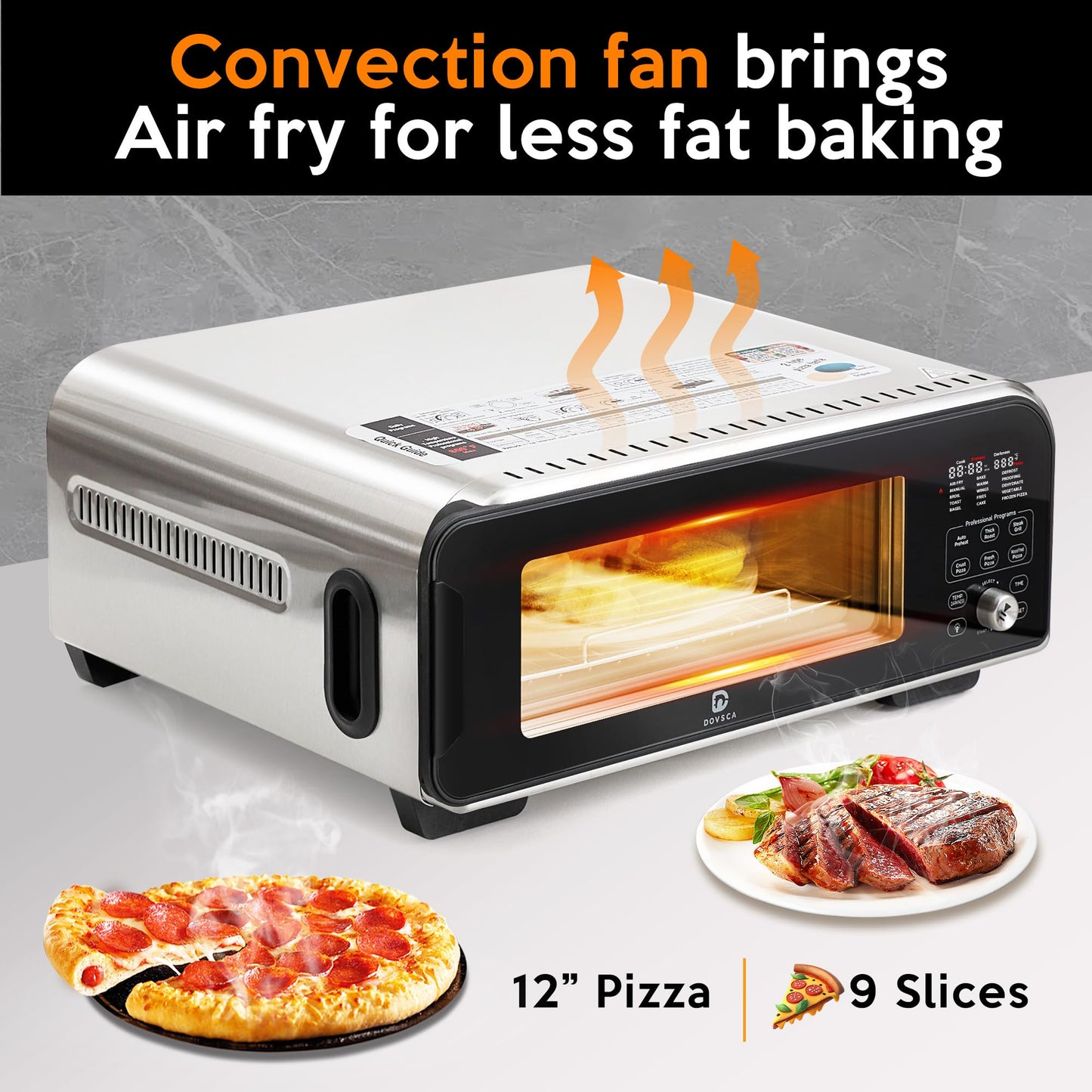 Horno eléctrico de pizza para interiores calienta hasta 1000 °F, hace pizzas de 12 pulgadas en minutos, horno de encimera con 15 funciones y 10 accesorios para múltiples funciones, acero inoxidable