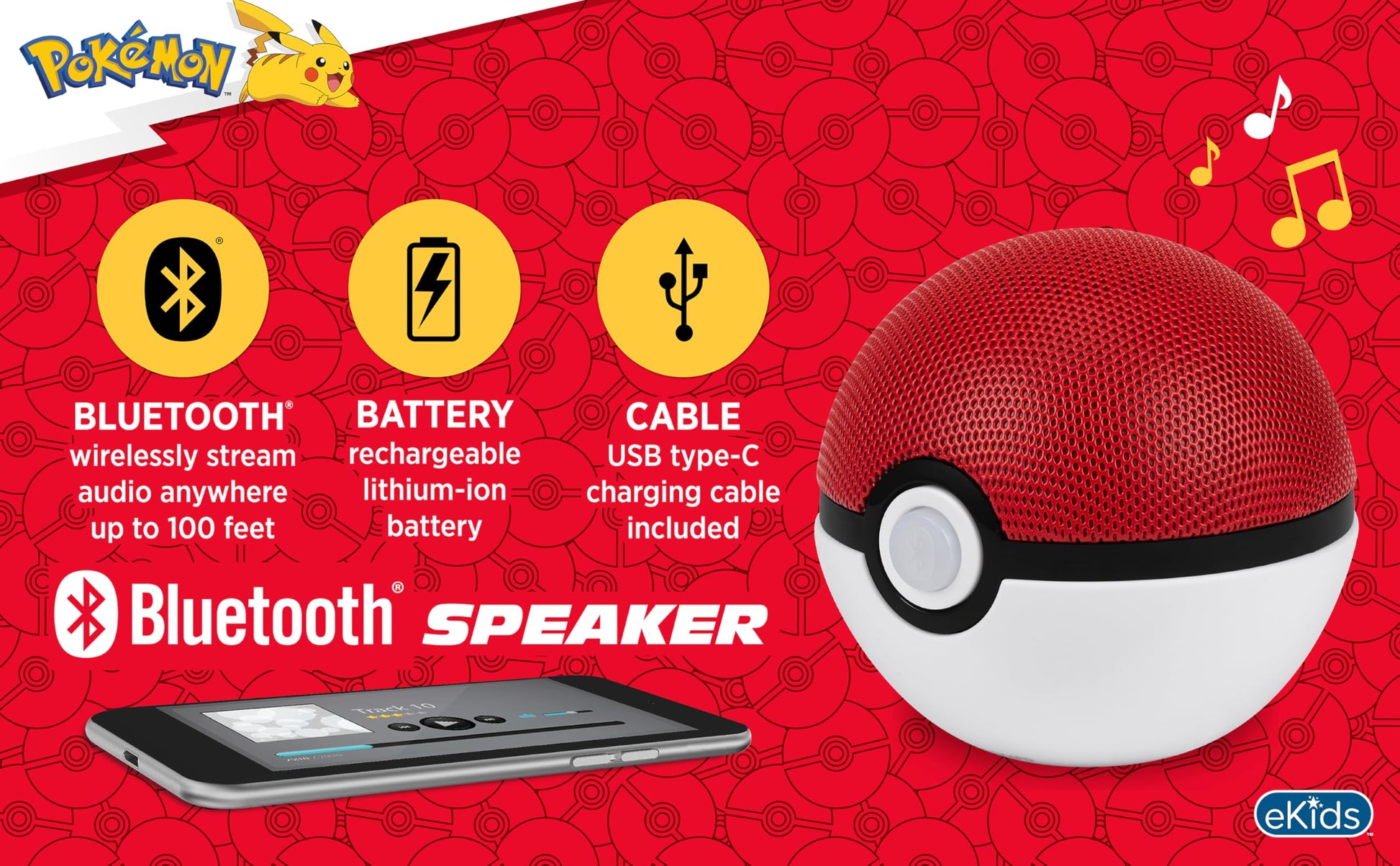 eKids - Pokebola de Pokémon - Bocina inalámbrica con batería recargable y cable de carga USB-C