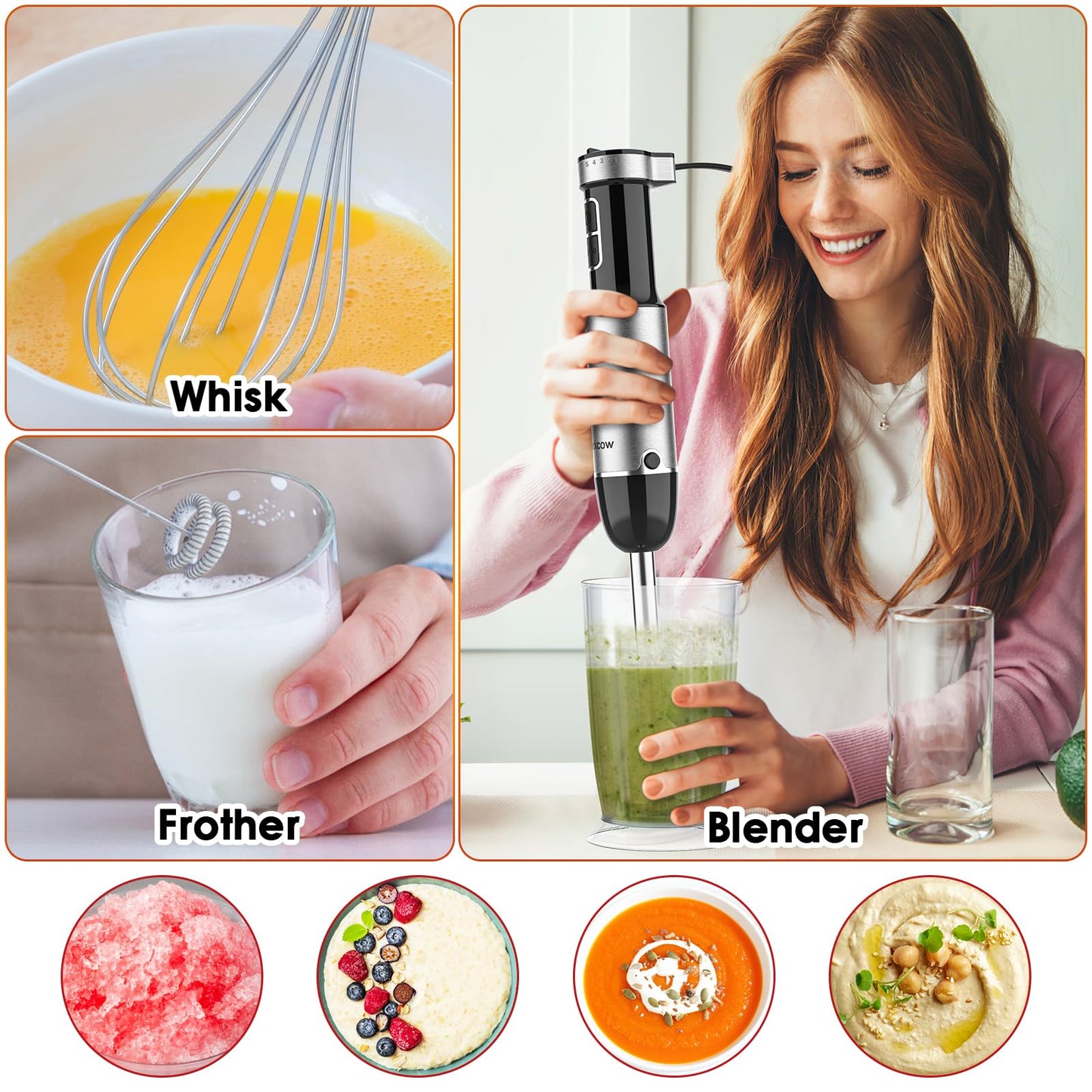 Batidora de inmersión de mano para cocina, licuadora de emulsión de mano con cuchillas de titanio, mezclador de mano eléctrico de 12 velocidades con accesorios sin BPA, tazón de picador, batidor,