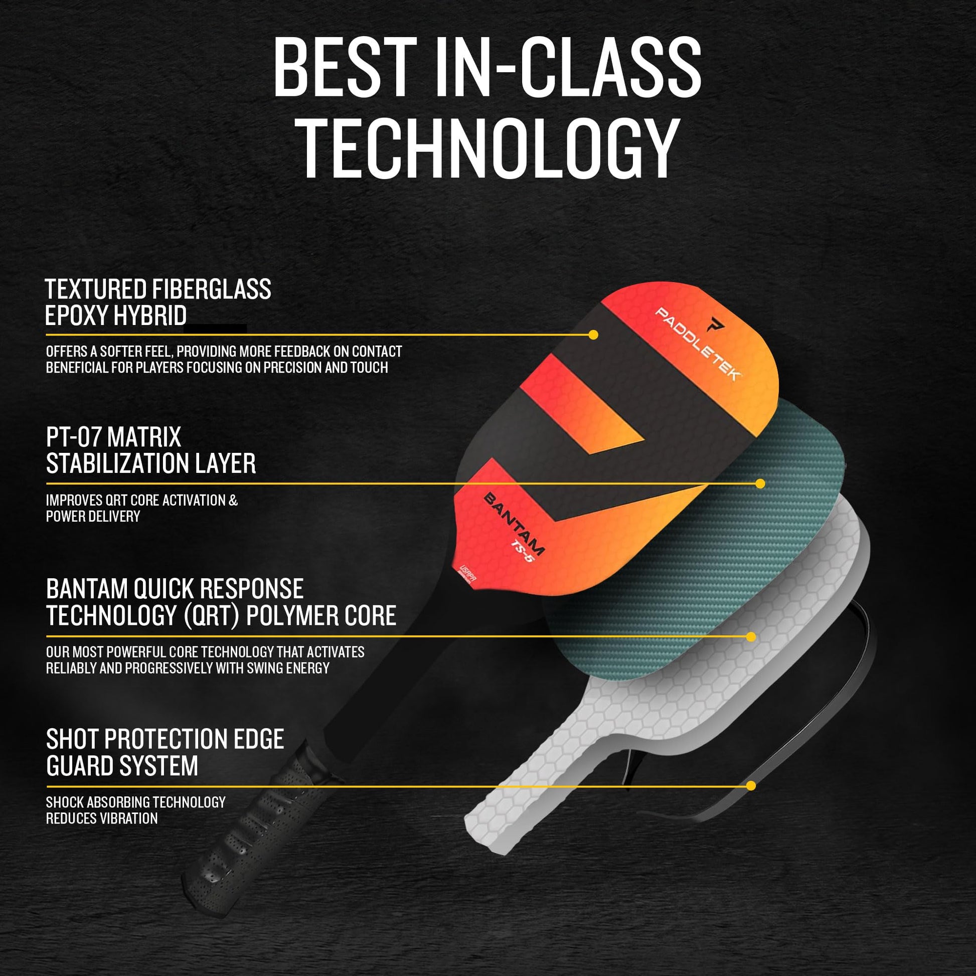 Paleta Profesional de Pickleball Paddletek Bantam TS-5 Epoxi Fibra Vidrio PoliCore Aprobada por USAPA