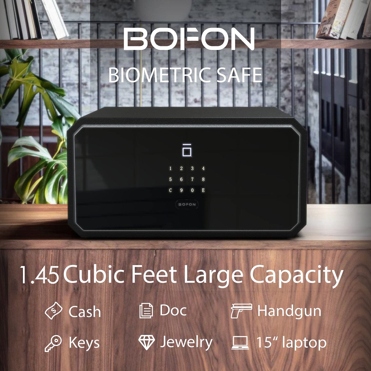 BOFON W-Series Caja de seguridad con llave, caja fuerte, contraseña de huellas dactilares cúbicas de 1.45, cajas de seguridad para el hogar