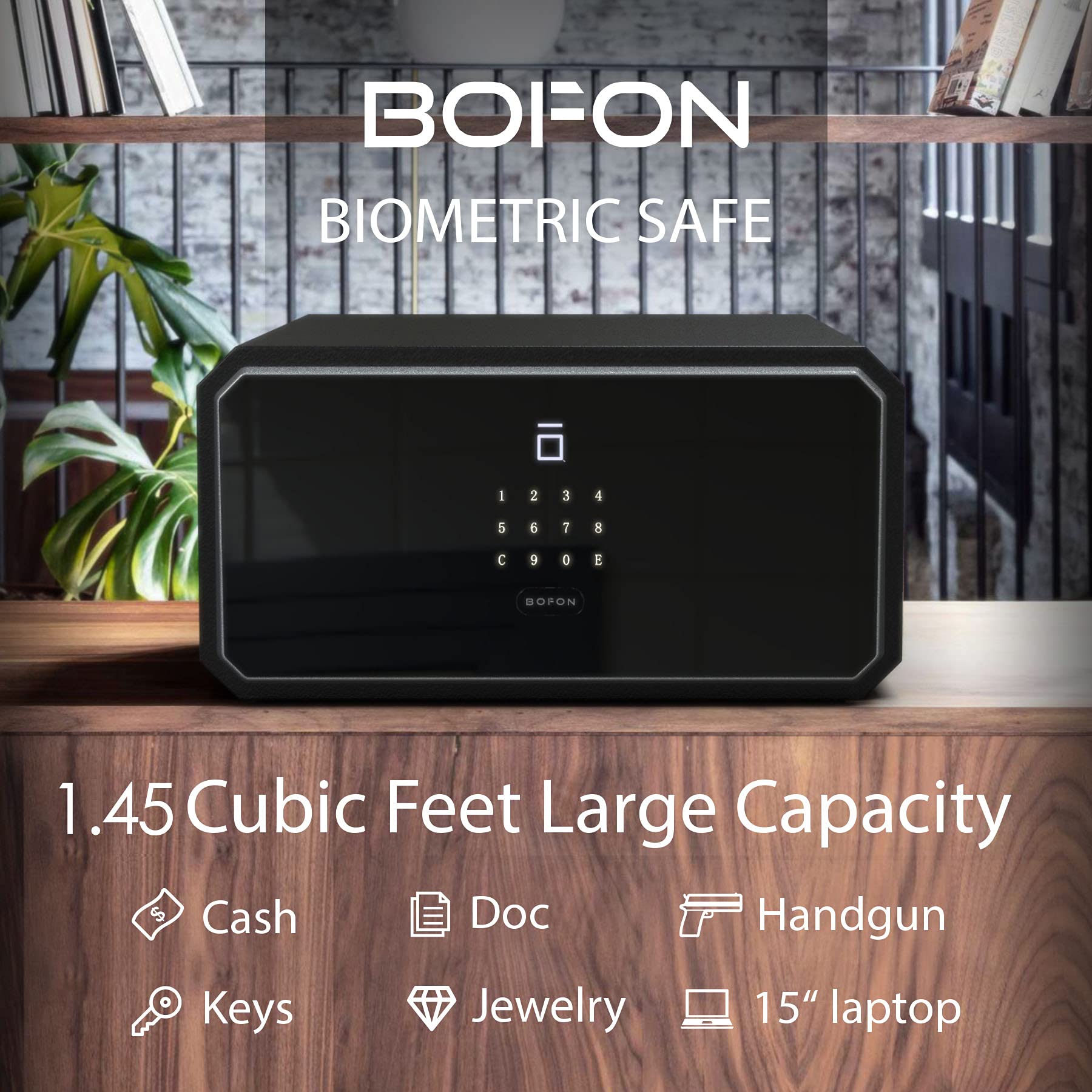 BOFON W-Series Caja de seguridad con llave, caja fuerte, contraseña de huellas dactilares cúbicas de 1.45, cajas de seguridad para el hogar