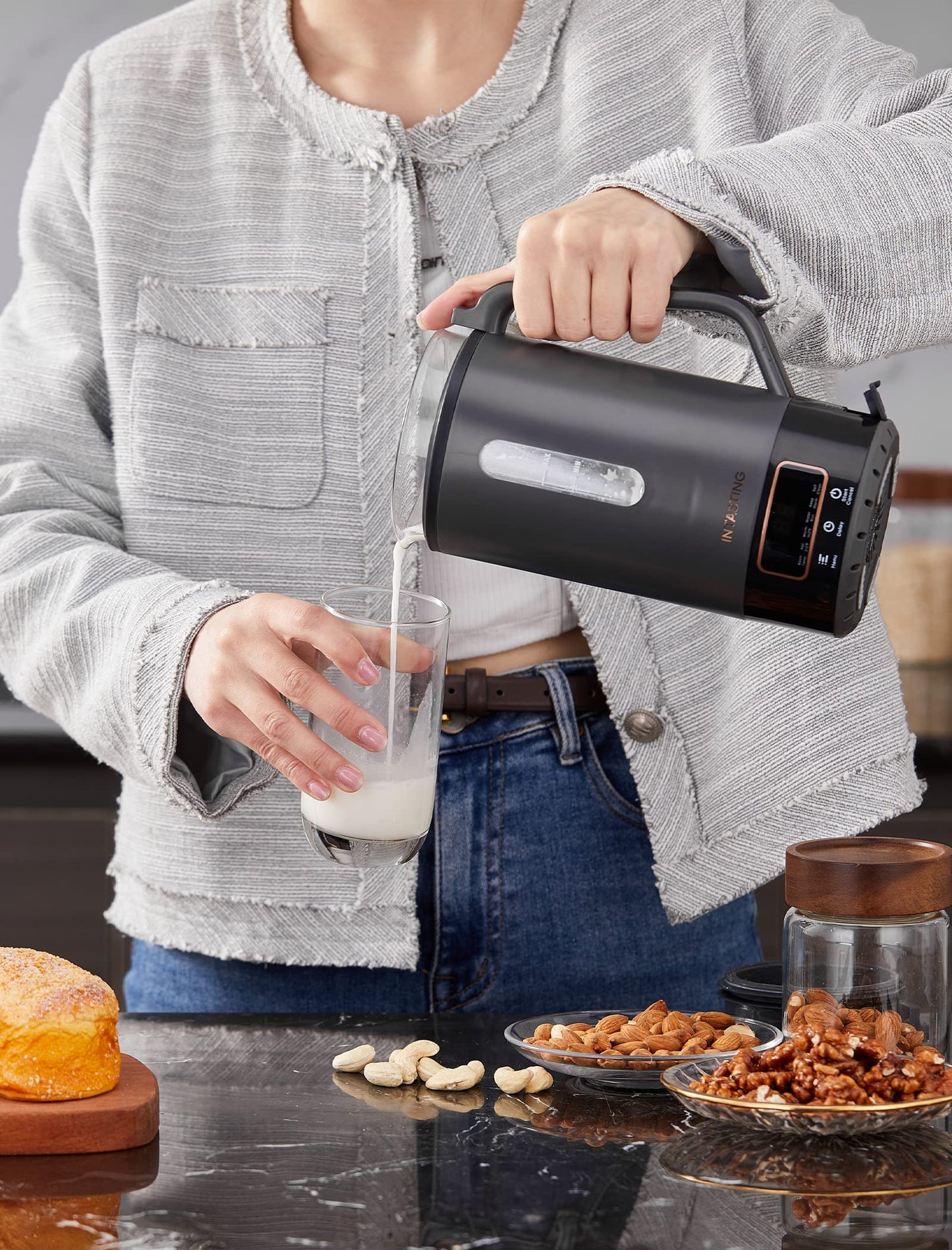 INTASTING - Máquina automática de leche de nueces, interior de vidrio, almendras caseras, avena, etc., máquina de leche de soja con 6 preestablecidos, mantiene caliente, retrasa, hervir agua, mezcla, autolimpiable, protección contra ebullición y seco, fác