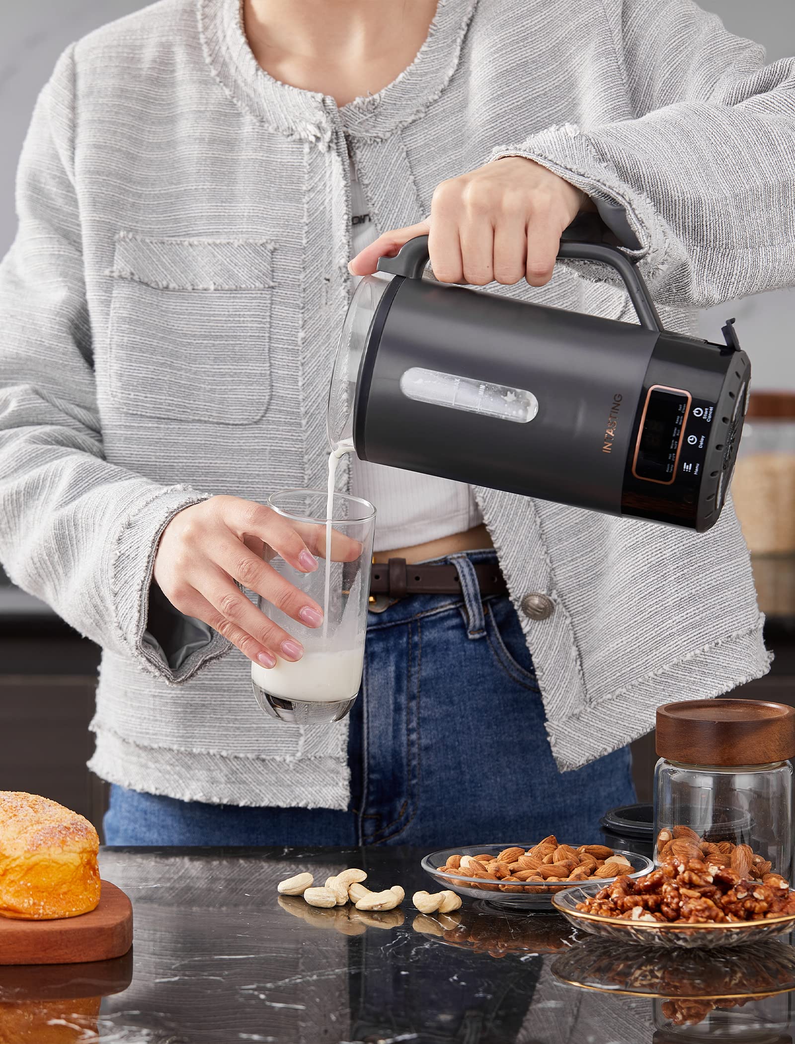 INTASTING - Máquina automática de leche de nueces, interior de vidrio, almendras caseras, avena, etc., máquina de leche de soja con 6 preestablecidos, mantiene caliente, retrasa, hervir agua, mezcla, autolimpiable, protección contra ebullición y seco, fác