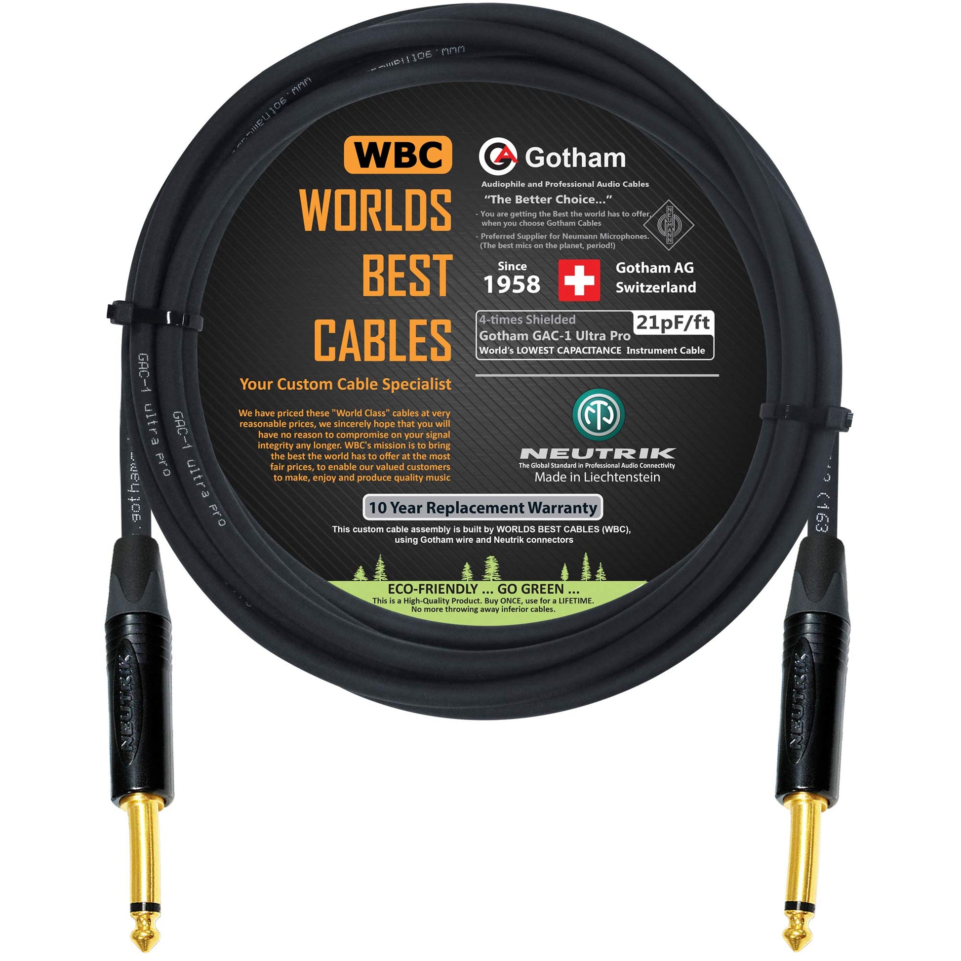 Cable Gotham GAC-1 Ultra Pro de 10 pies, de tapa baja de alta calidad (21 pf/F) para instrumento de bajo - con conectores de Neutrik dorado recto a recto de 1/4 pulgadas (6,35 mm) TS - Hecho a medida por WORLDS BEST CABLES