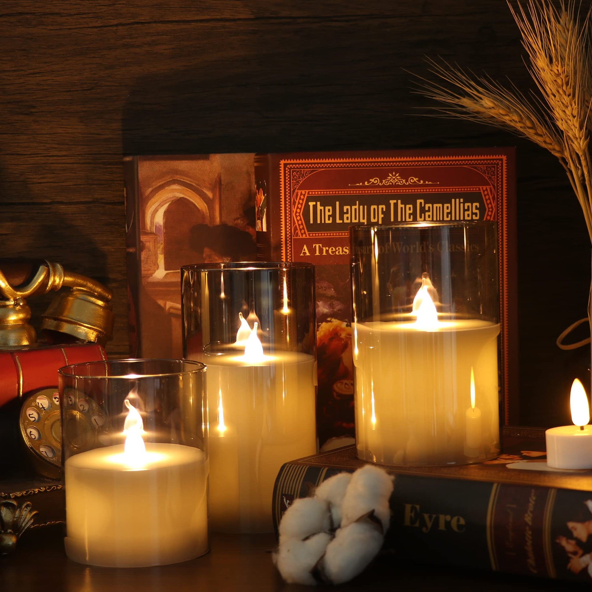 GenSwin - Velas led sin llama de vidrio gris con control remoto de 10 teclas y temporizador, velas de cera real, luz blanca cálida parpadeante para decoración del hogar (juego de 3)