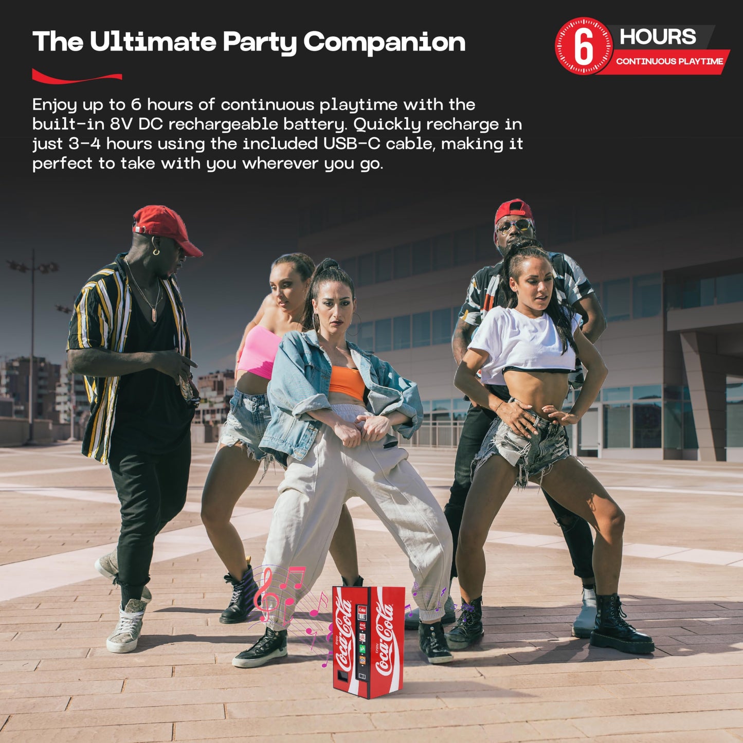 Coca-Cola - Bocina de máquina expendedora doble de 5 W, inalámbrica Bluetooth v5.3, con radio FM, reproducción USB/MicroSD, entrada AUX, alcance de 10 m, batería recargable, indicador LED, licencia
