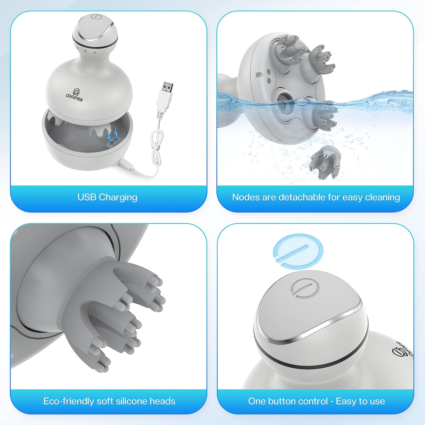 COMFIER Masajeador Eléctrico Para Cuero Cabelludo, Masajeador De Cabeza Con 4 Cabezales De Masaje De Silicona Suave, Masajeador Portátil Para El Crecimiento Del Cabello, Aliviar El Estrés, R