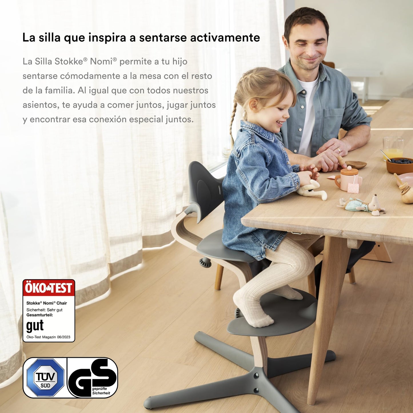 Stokke Nomi Sillar (Gris) + Newborn Set (Gris/Azul Grisáceo) - Incluye un Arnés de Seguridad de Cinco Puntos y Un Set de Tela Reversible y Lavable - Soporta hasta 150 kg