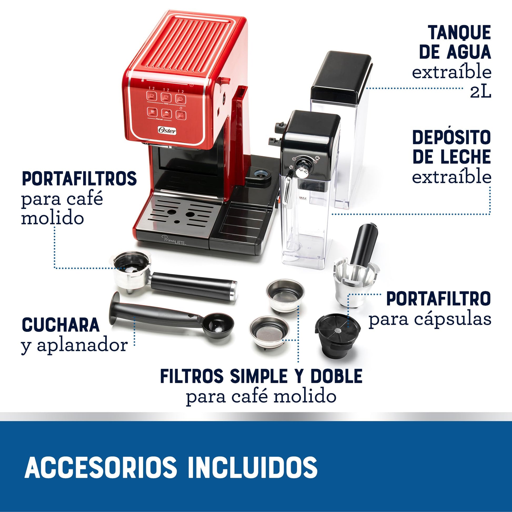 Cafetera Oster Roja con Panel Táctil y Funciones Automáticas para Espresso, Cappuccino y Latte