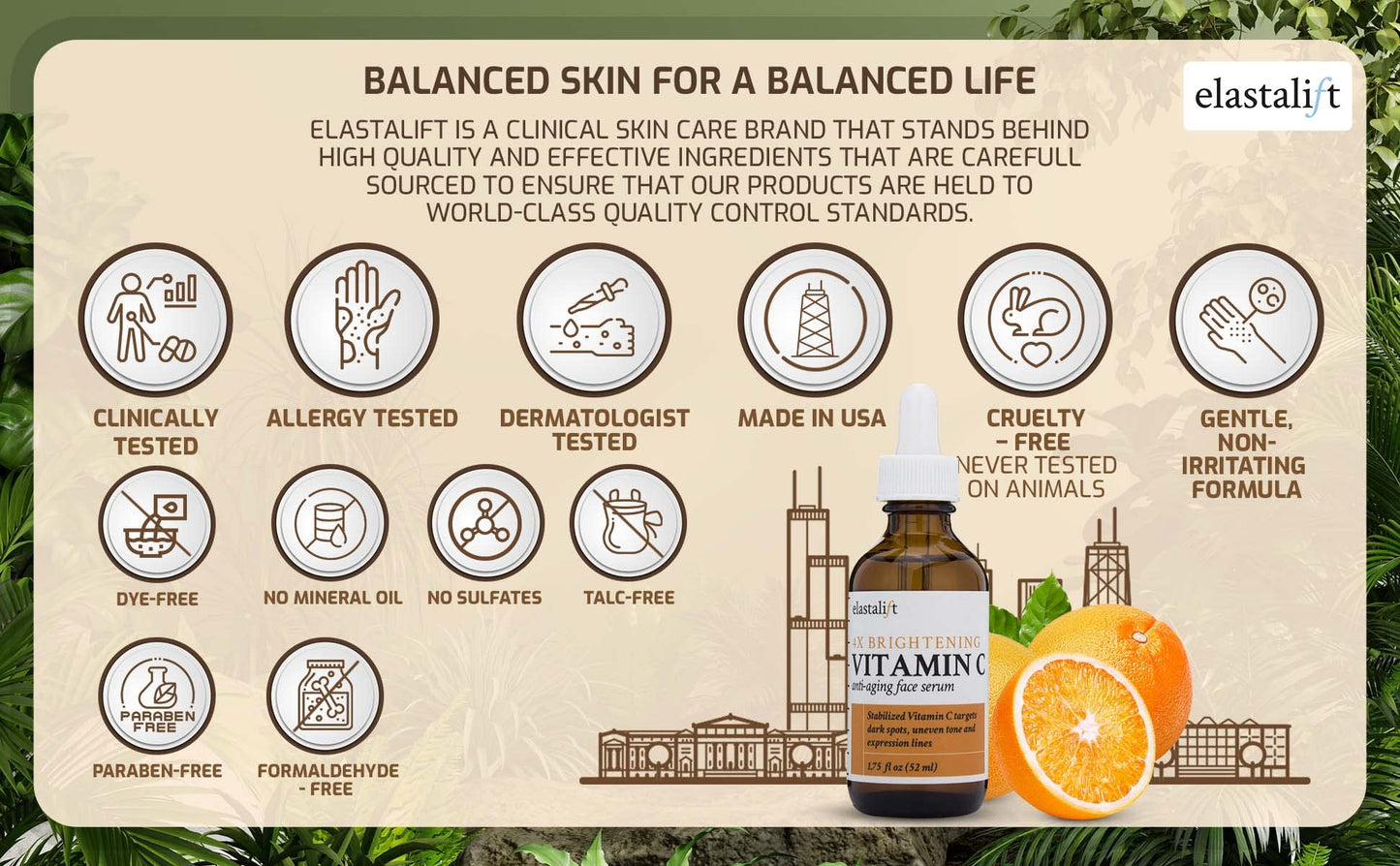 Bonus size 1.75 fl oz Elastalift Vitamin C Serum for Age Spots, Wrinkles, Expression Lines. Anti-Aging Serum w/Vitamin C & Hyaluronic Acid brightens skin & helps promote a healthier skin complexion