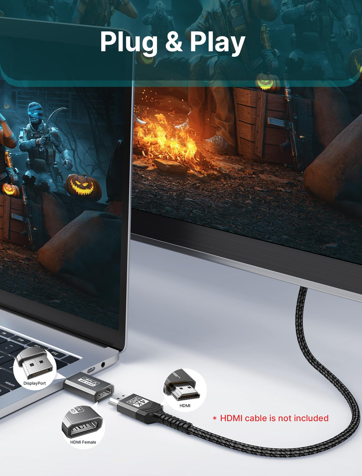 Adaptador DisplayPort HDMI JSAUX Negra 4K UHD 2K@120Hz para Monitor