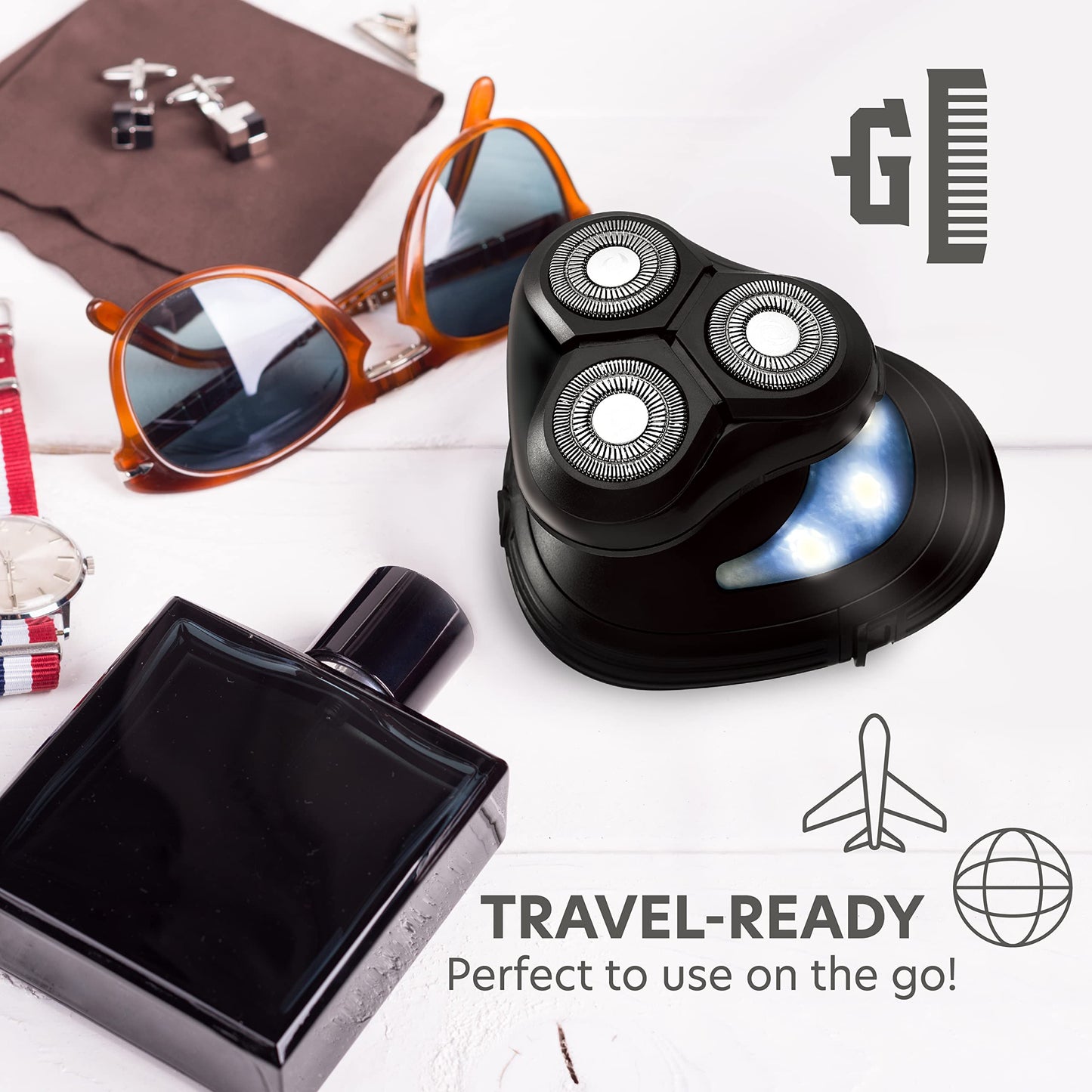 CHARGEWORX Groom Essentials 3D Rotary Face y Head Shaver para Hombres, Luz Led | Afeitadoras Eléctricas Compactas A Batería, Inalámbricas para Hombres, 3 Cabezas Flotantes - Maquinilla de Afeitar Eléc