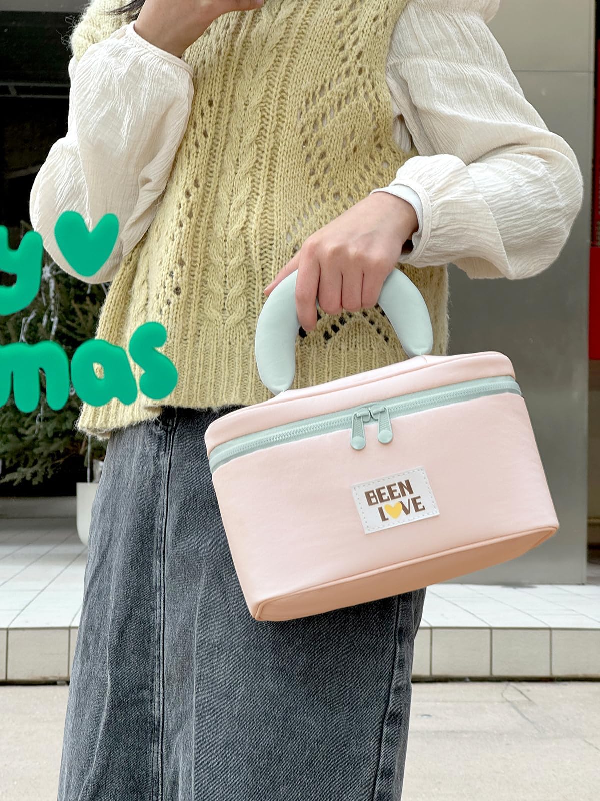Lalamisi - Bolsa de maquillaje de viaje para mujer, bolsa de maquillaje de gran capacidad, bolsa organizadora, bolsa de aseo portátil, impermeable, con asa y divisor, Rosado, Bolsa de cosméticos de