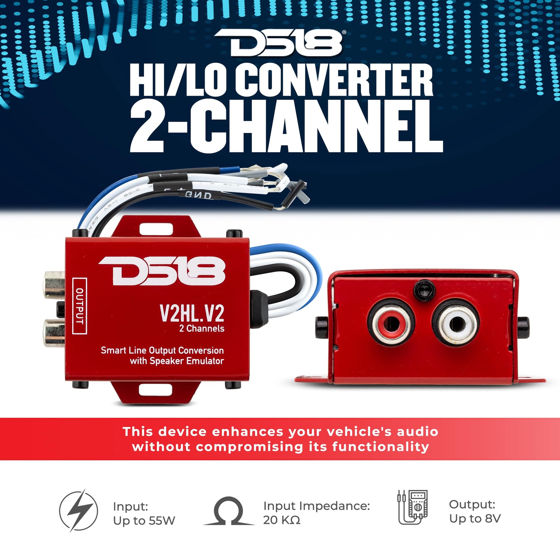 Convertidor Hi/Lo DS18 V2HL.V2 Rojo con Emulador de Altavoz y Salida de Línea Inteligente