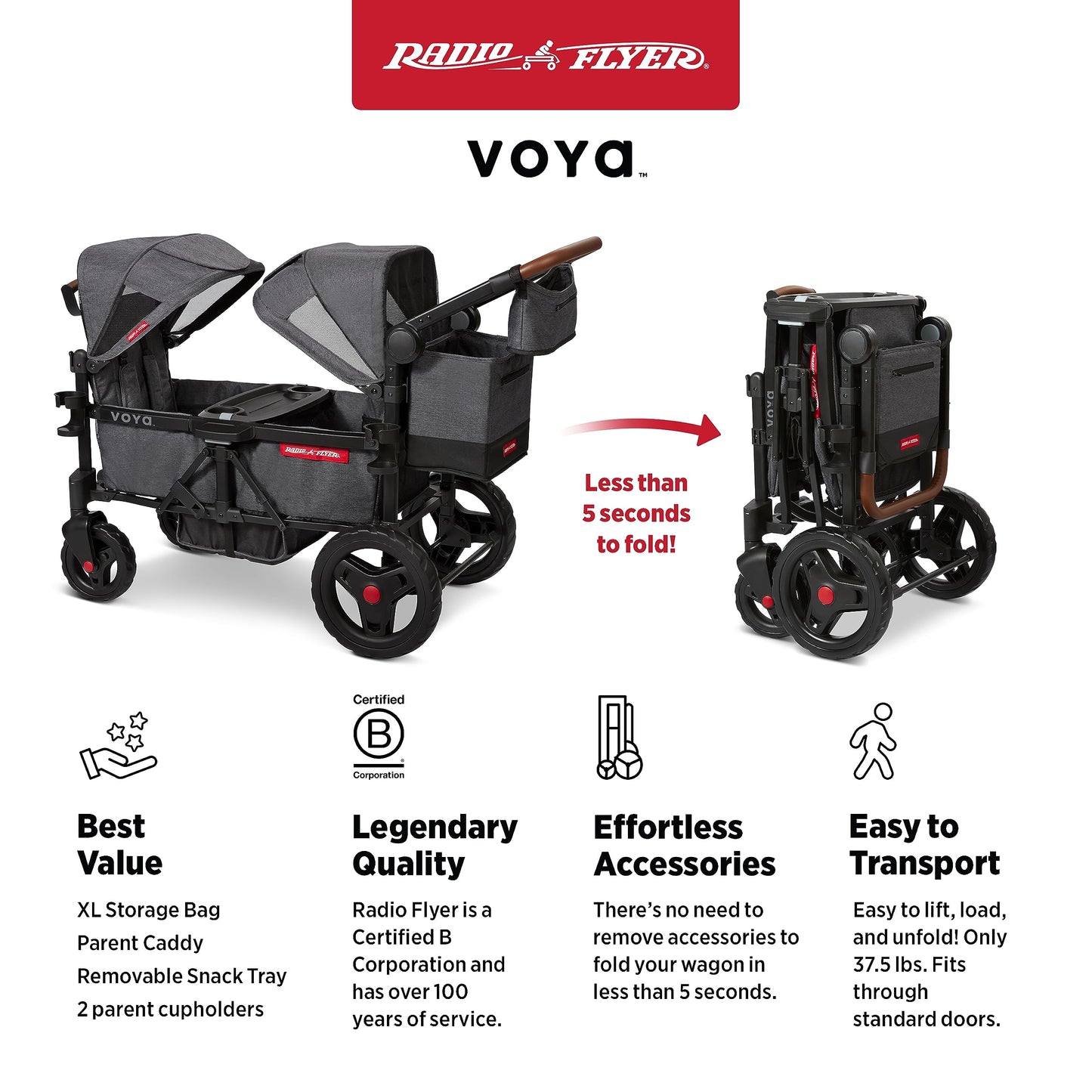 Carriola Vagón Radio Flyer Voya Gris con Asientos Doble Face-to-Face y Capota Ajustable para Protección UV