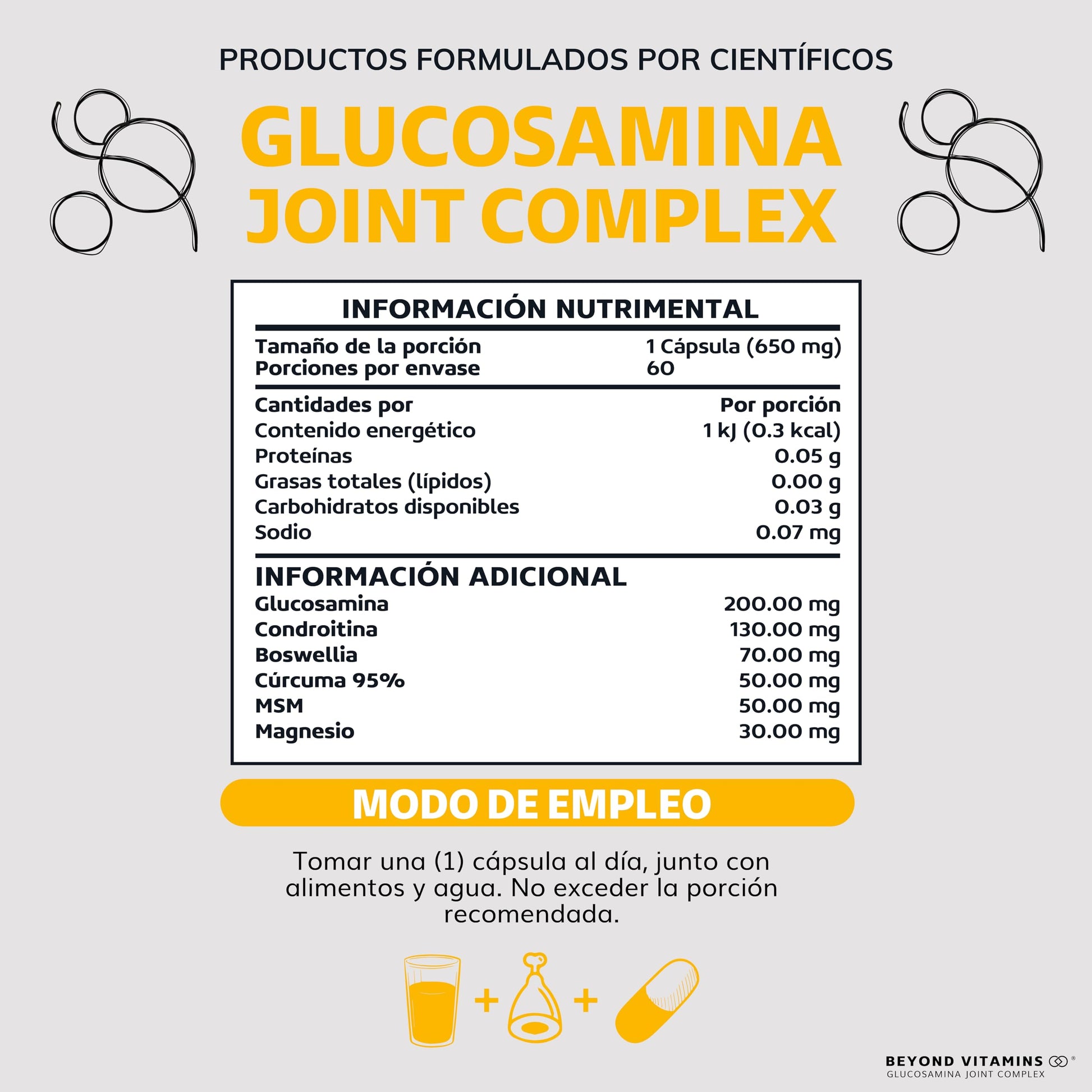 Glucosamina JOINT Complex-Contiene Glucosamina, Condroitina, MSM, Cúrcuma, Boswellia, Magnesio- 95% de Curcuminoides Estandarizados - Suplemento Vitamínico - Suplemento Alimenticio en Cápsulas - Sin Azúcar-Ingredientes NON GMO-60 cápsulas