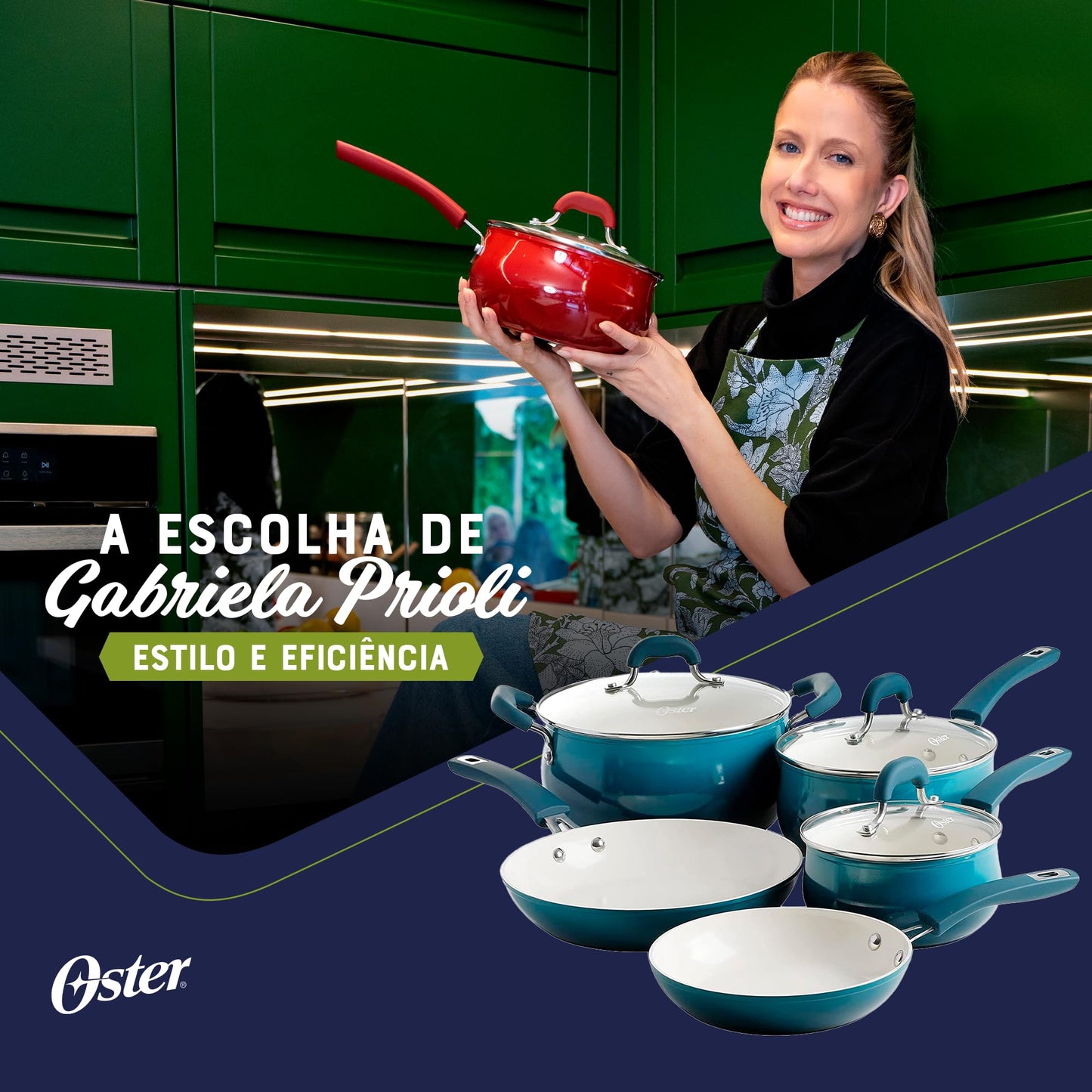 Oster Corbett - Juego de 8 piezas de utensilios de cocina de aluminio forjado degradado verde azulado con cerámica antiadherente, base de inducción, mango de baquelita suave al tacto y tapas de vidrio