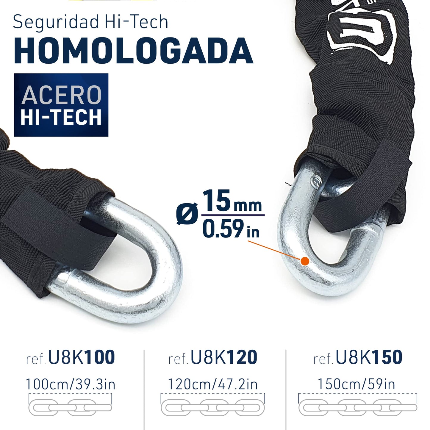 Urban Security U8K120 Candado para Moto Cadena de Seguridad para Moto Candado Moto Cadena para Moto, Cadena y Candado para Motocicleta Homologado Alta Seguridad, Candado Motocicleta Cadena Moto 120cm